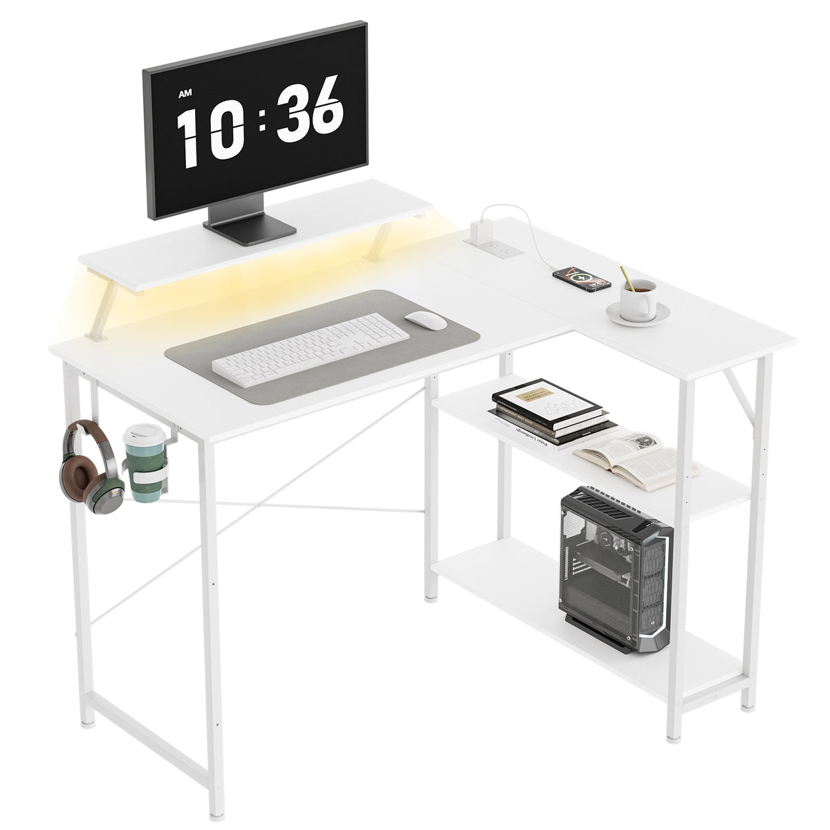 COMHOMA 42" L-Shaped Gaming Desk with Power Outlets LED Lights, Wide Reversible Computer Desk DL008
