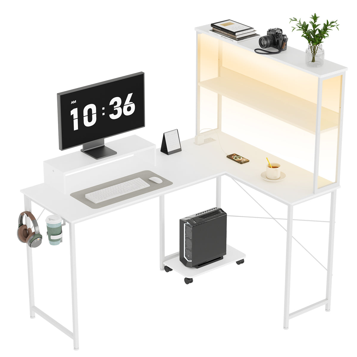 COMHOMA 53" Reversible L-Shaped Gaming Desk with LED Lights, Power Outlets Computer Desk with Hooks and Cup Holder, DL009