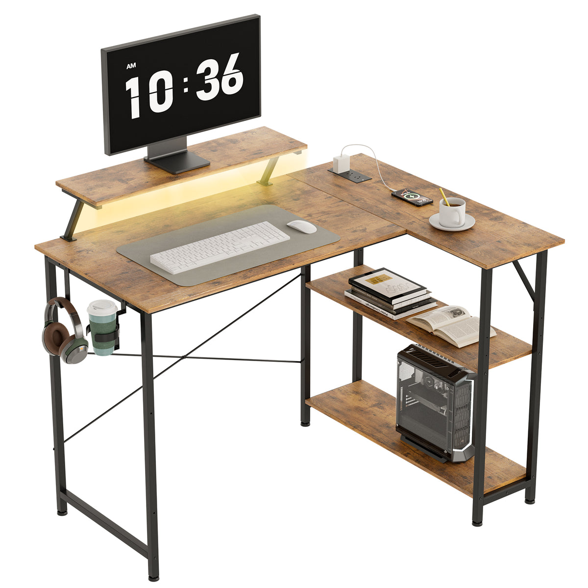 COMHOMA 42" L-Shaped Gaming Desk with Power Outlets LED Lights, Wide Reversible Computer Desk DL008