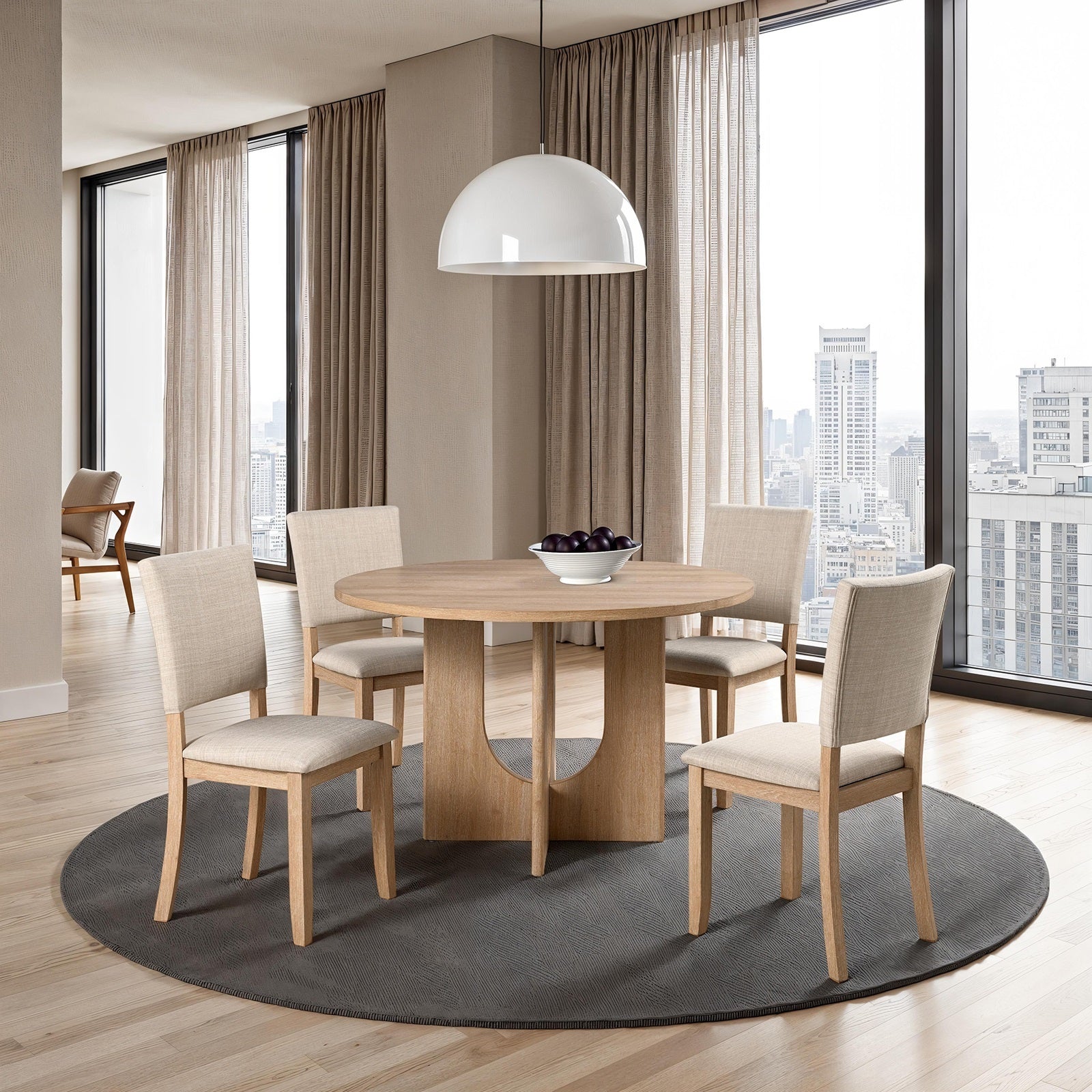 Contemporary Style 5pc Dining Set Kitchen Natural Color Round Table Pedestal Base Fabric Chairs Table 4x Side Chairs Dining Room