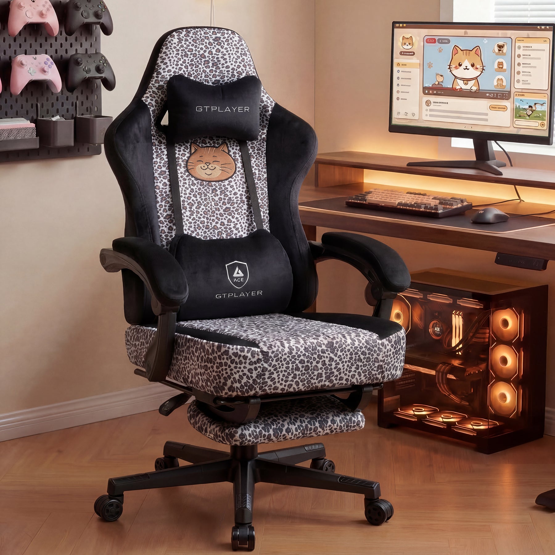 GTPLAYER Gaming Chair with Leopard Print Cat, Cute Velvet Fabric Ergonomic Office Chair with Footrest Headrest and Lumbar Support GTP710