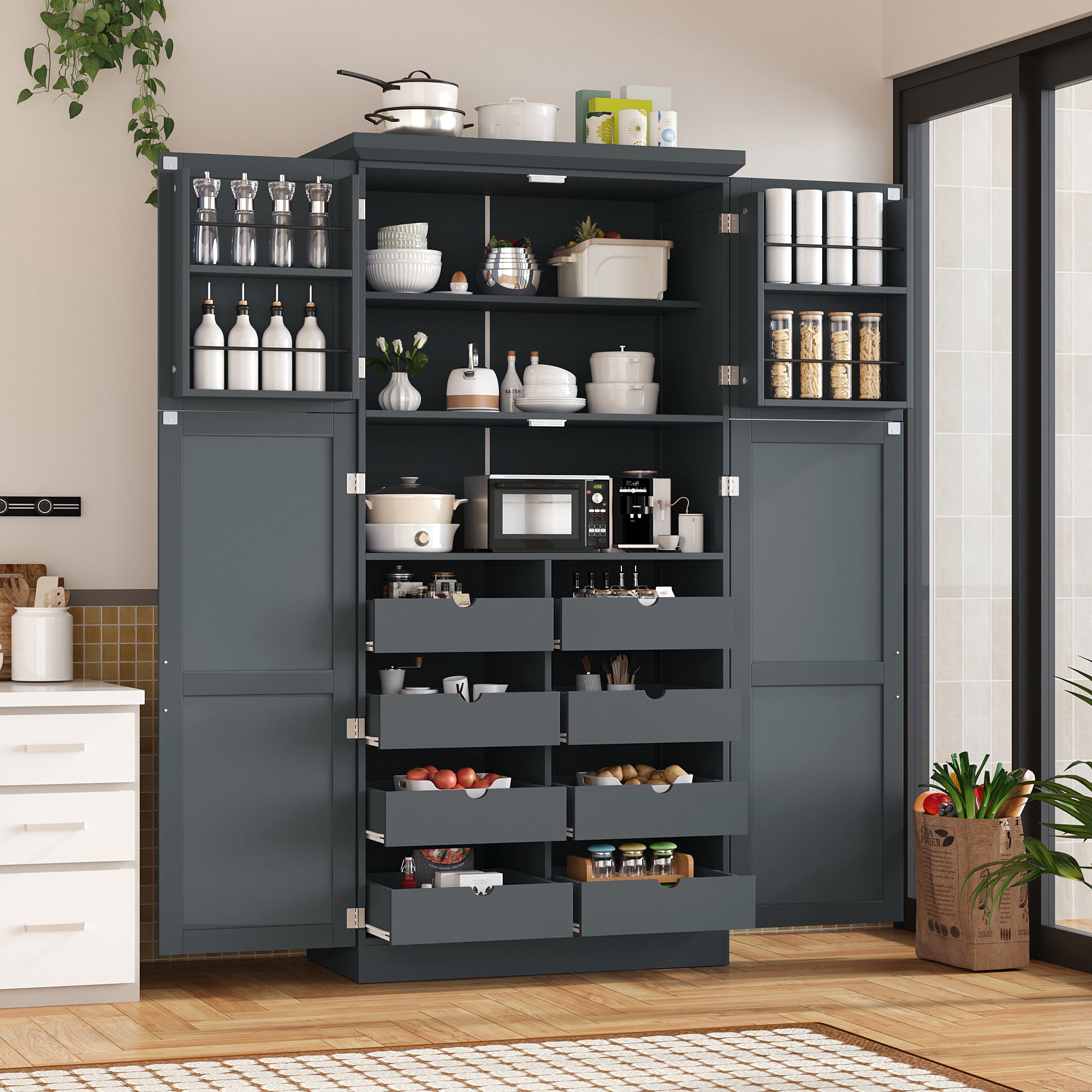 Tall freestanding kitchen pantry cabinet with multiple shelves, four doors, and eight pull-out trays filled with jars, bowls, pots, and kitchen appliances, located in a modern kitchen setting.