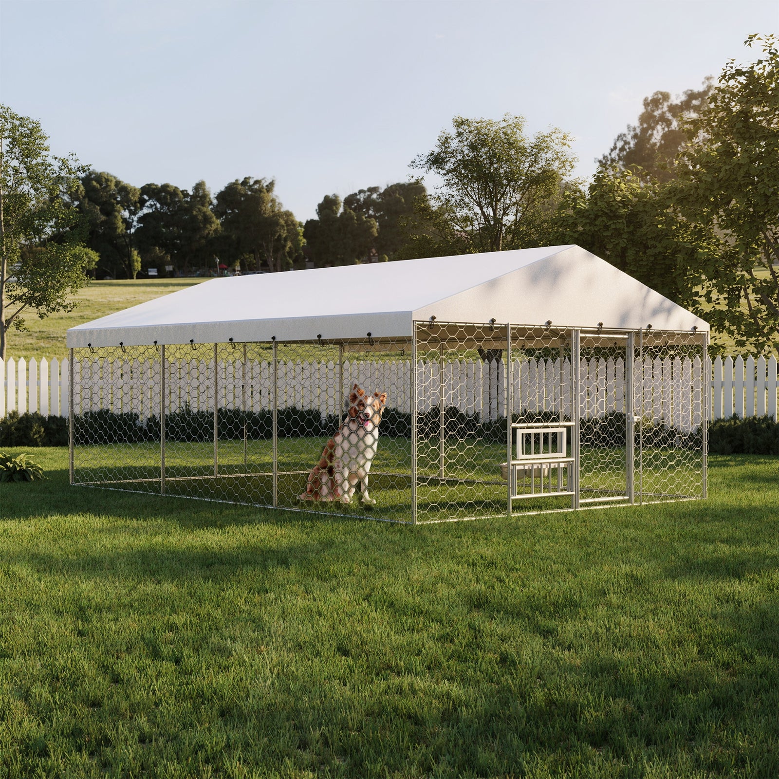 Outdoor dog kennel with galvanized steel frame and white canopy roof, featuring secure wire mesh walls and a dog sitting inside on green grass in a backyard setting.
