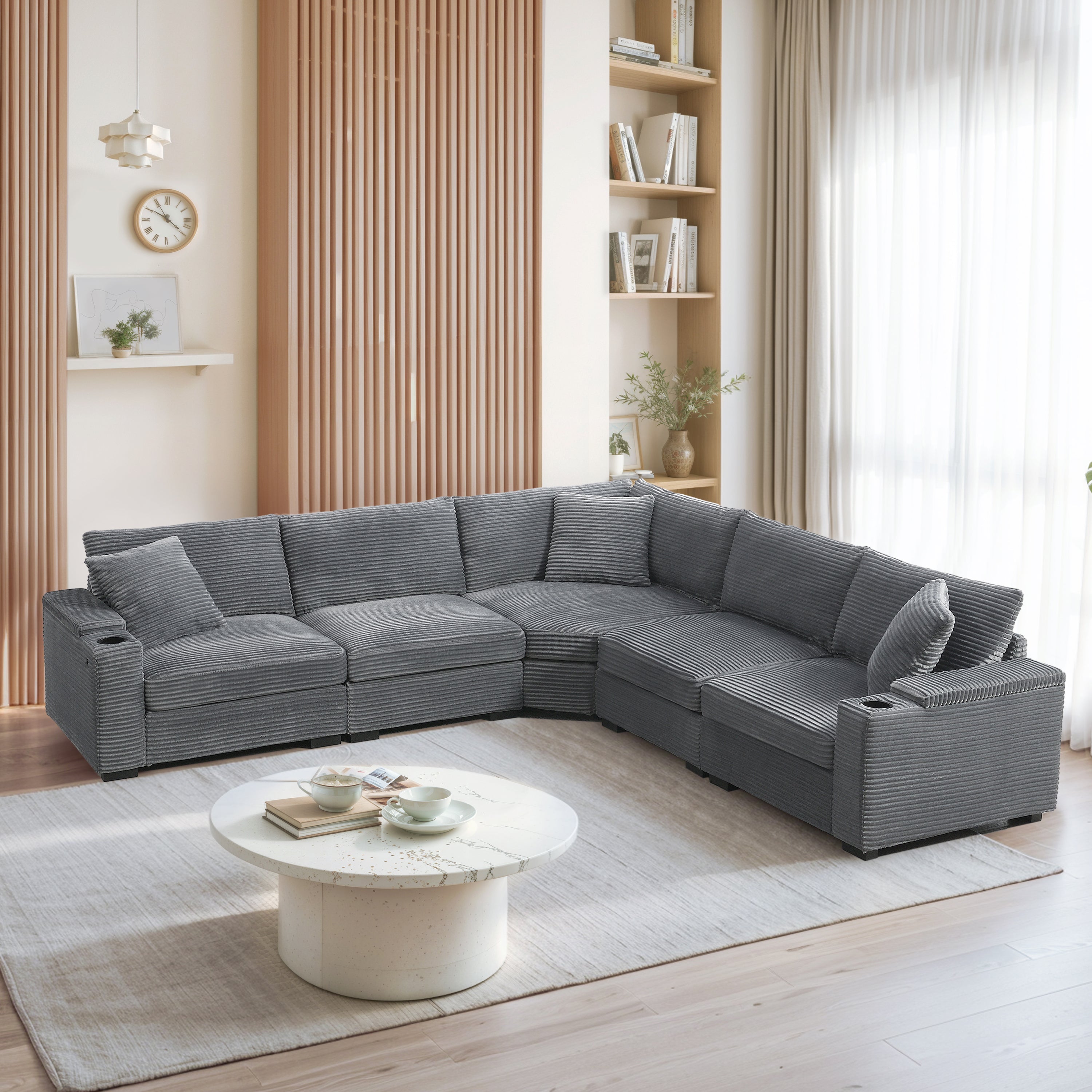 106' Convertible L Shaped Sectional Sofa,Corduroy Corner Couch with Armrest Storage,Cup Holders,USB Charger,Irregular Corner,Oversized Comfy Modular Sofa for Living Room,Apartment,2 Colors