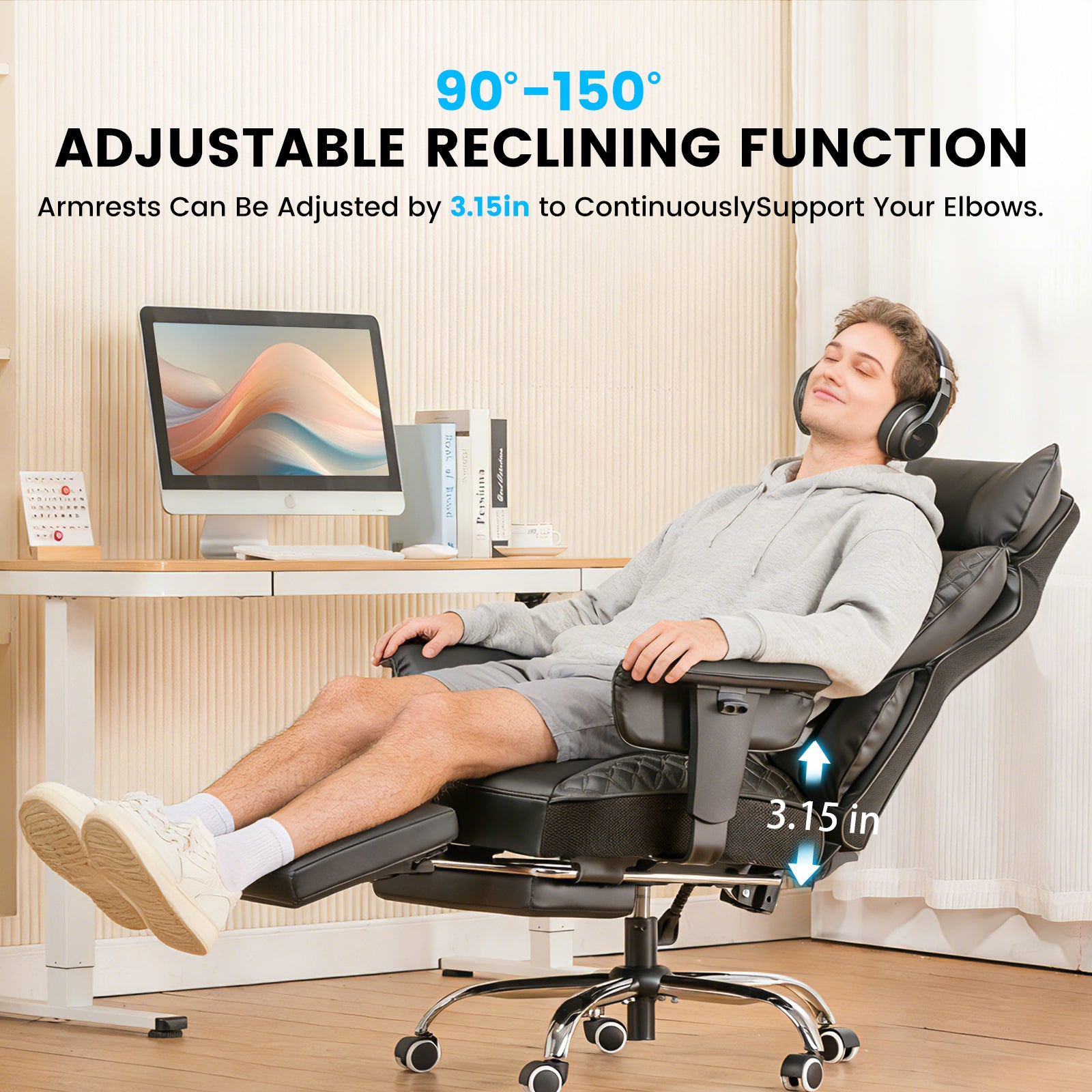 Person using a reclining office chair with adjustable armrests in a home office setting.