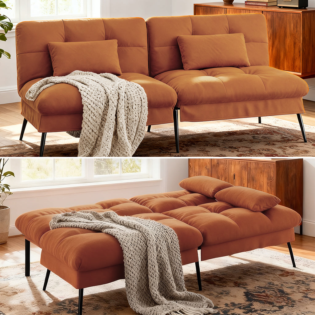 Modern convertible futon sofa bed in warm brown with adjustable backrest, black legs, and a cozy knit throw blanket, ideal for living room and futon couch bed collections.