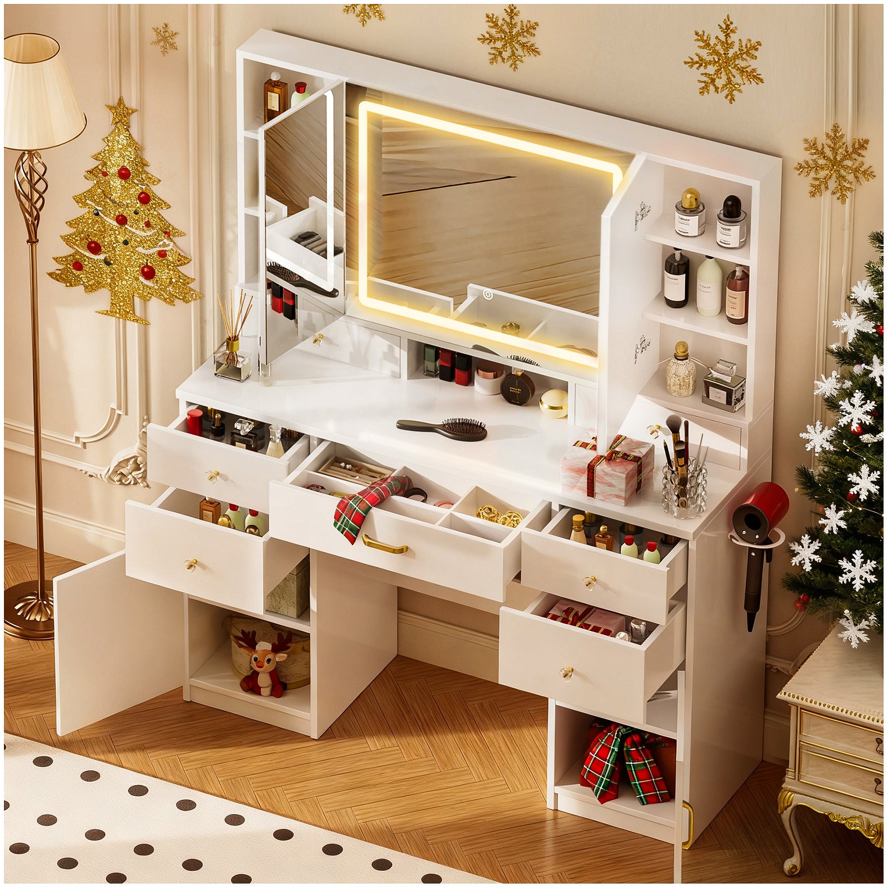 COMHOMA Vanity Desk with 3 Lighting & 7 Drawer, White B2002