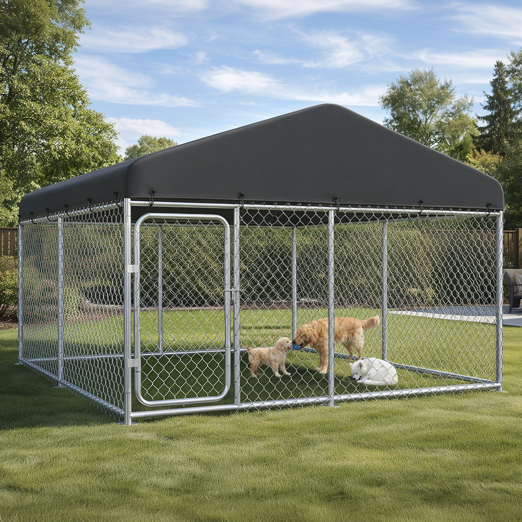 COMHOMA® Outdoor Dog Kennel with All Weather Resistant Roof OT-GD05 features a spacious metal frame and chain-link fencing, providing a secure outdoor area for pets.