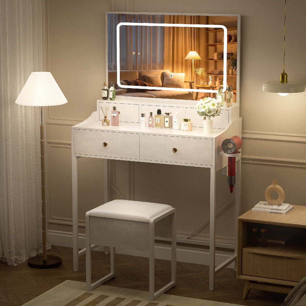 COMHOMA® 27" Makeup Vanity Desk Set with 3-Color LED Mirror, Charging Station & 5 Drawers B205