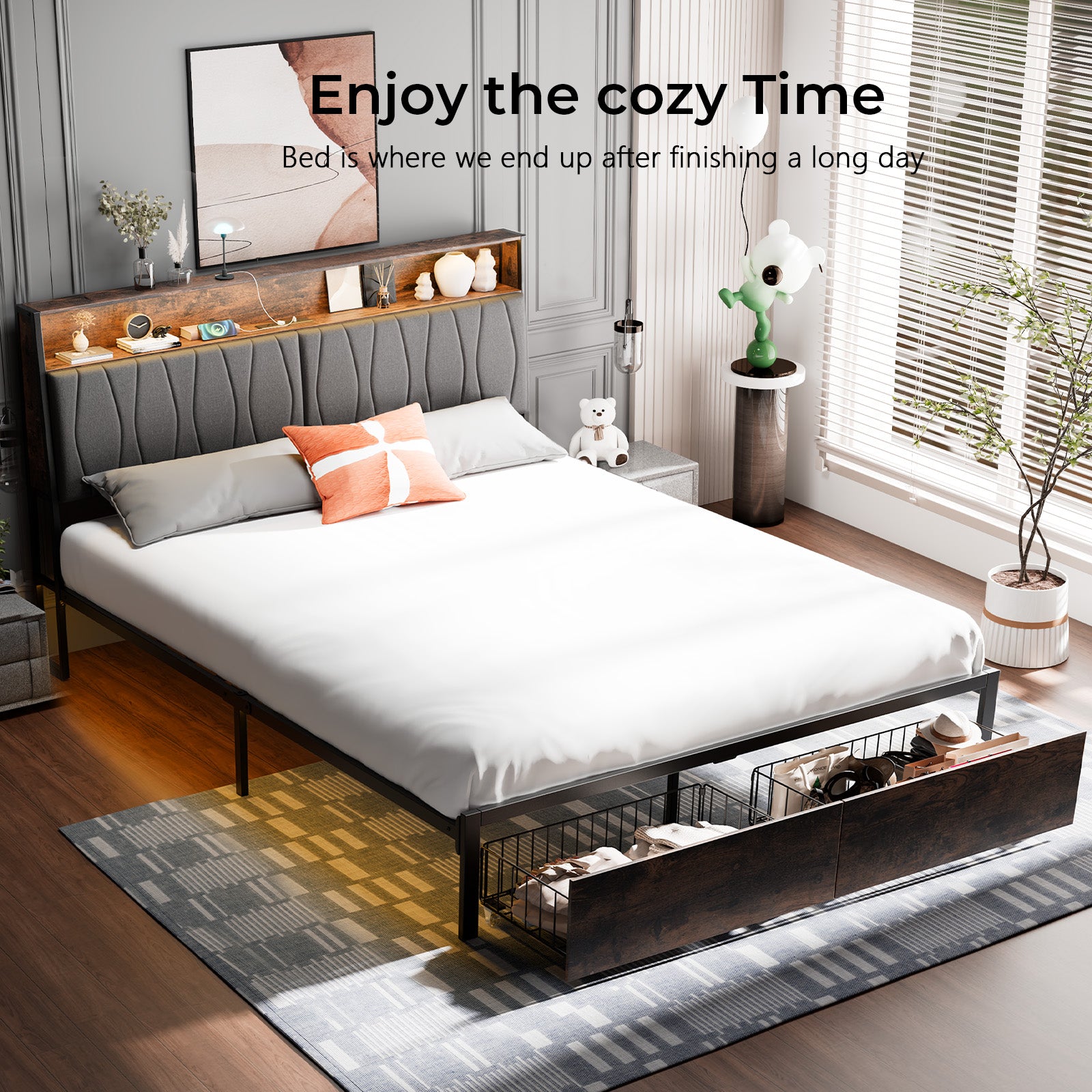 COMHOMA Bed Frame with 2 Storage Drawers & LED BF001