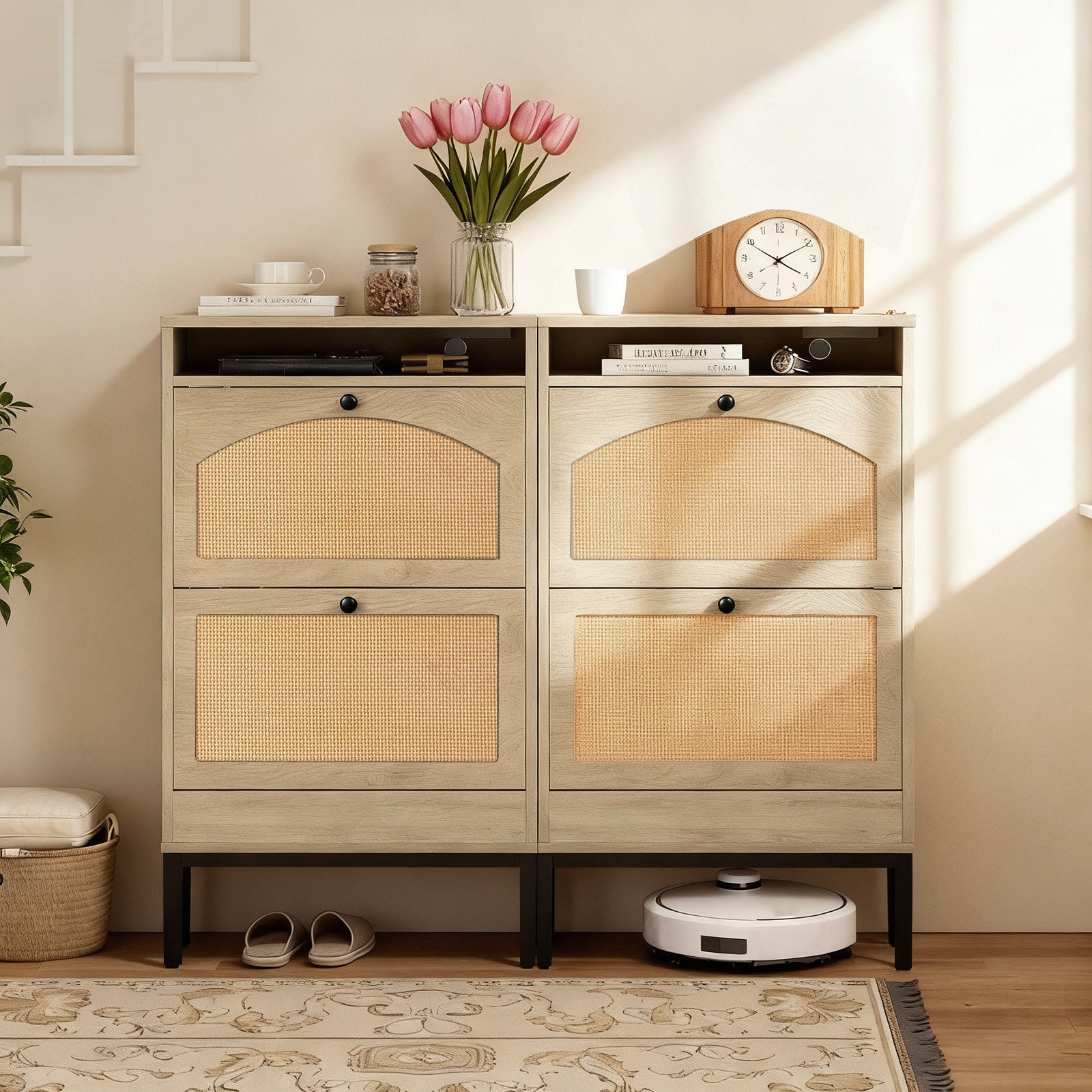 Shoe Storage Cabinet with 2 Flip Drawers & Charging Station