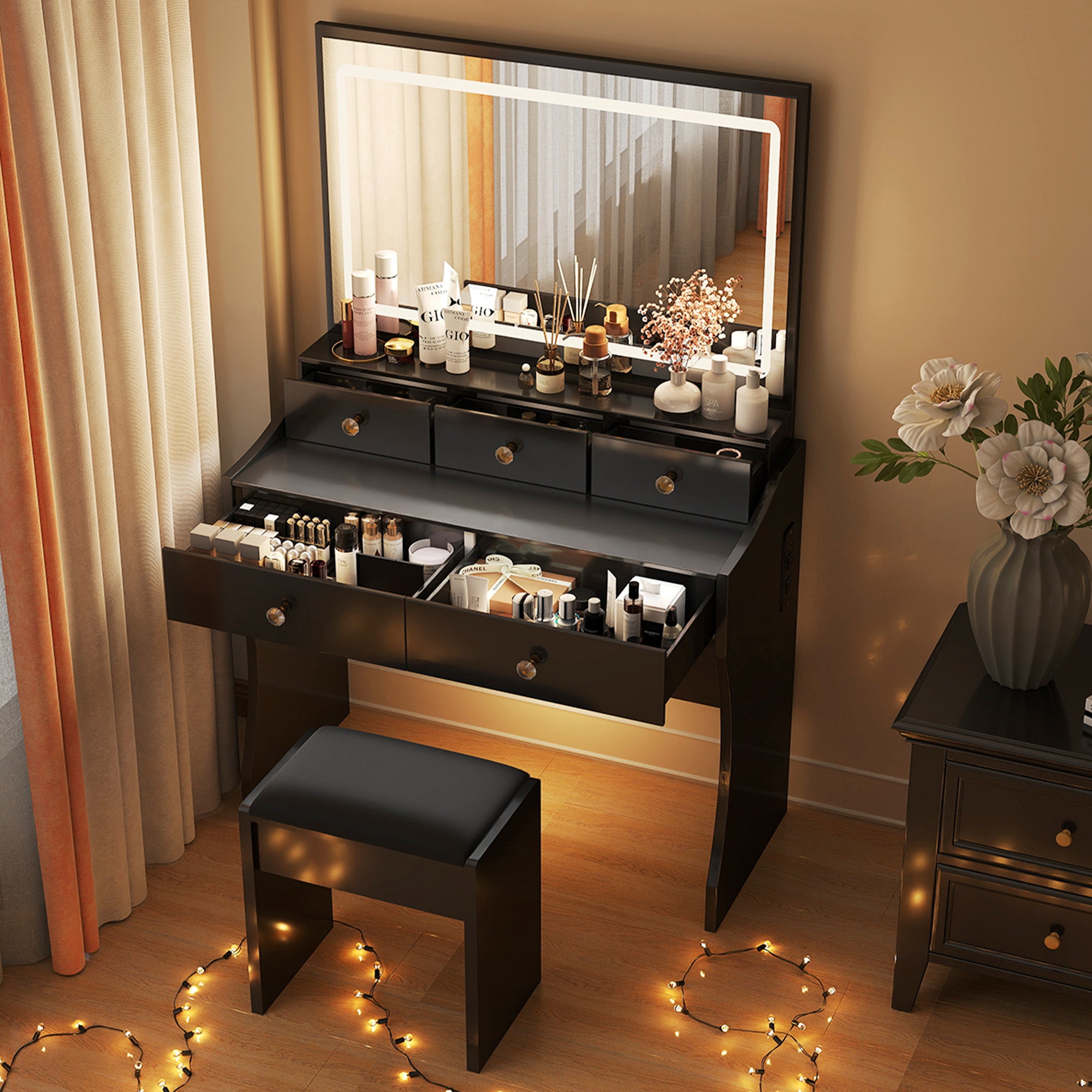 COMHOMA Makeup Vanity Table and Chair Set with 5 Drawers and Charging Station, Mirror and Lights Included B200
