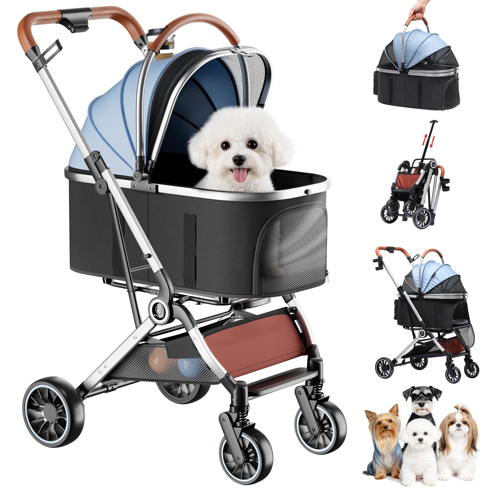 COMHOMA 3-in-1 Foldable Pet Stroller for Small Dogs & Cats Up to 45 lbs with Storage Basket and Cup Holder, PET-CART01
