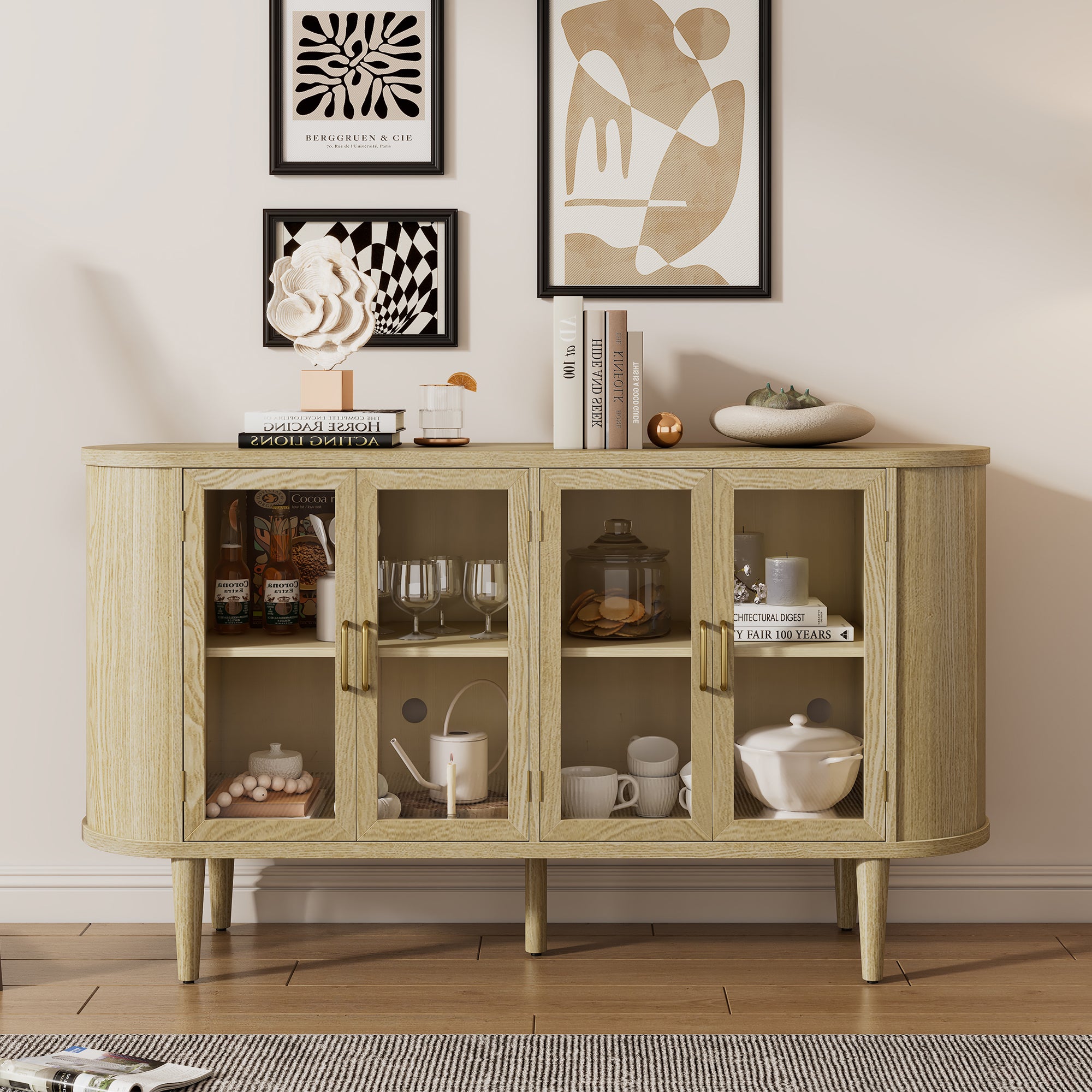 TREXM Farmhouse Sideboard Cabinet with Storage, Wood Buffet Cabinet with Glass Doors and Adjustable Shelves for Kitchen, Dining Room and Living Room (Natural)