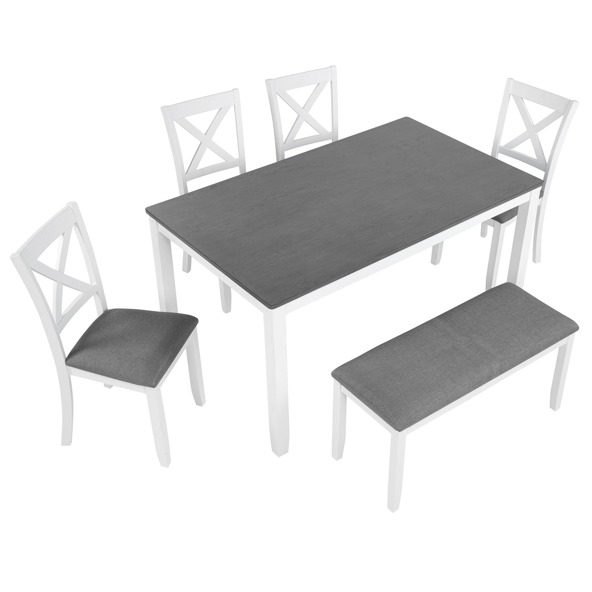 Modern 6-Piece Dining Table Set with Bench and Chairs for Dining Room or Kitchen – Grey & White Two-Tone
