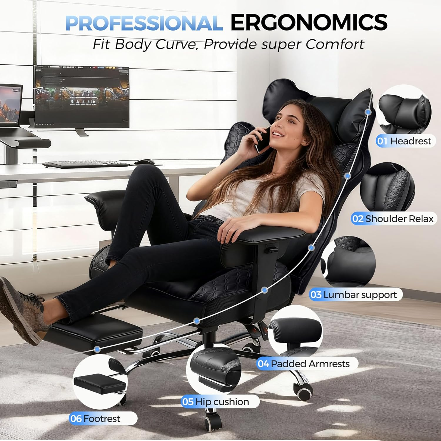 Black faux-leather ergonomic office chair with adjustable armrests by COMHOMA, featuring a headrest pillow and footrest, showcased in a lifestyle setting.