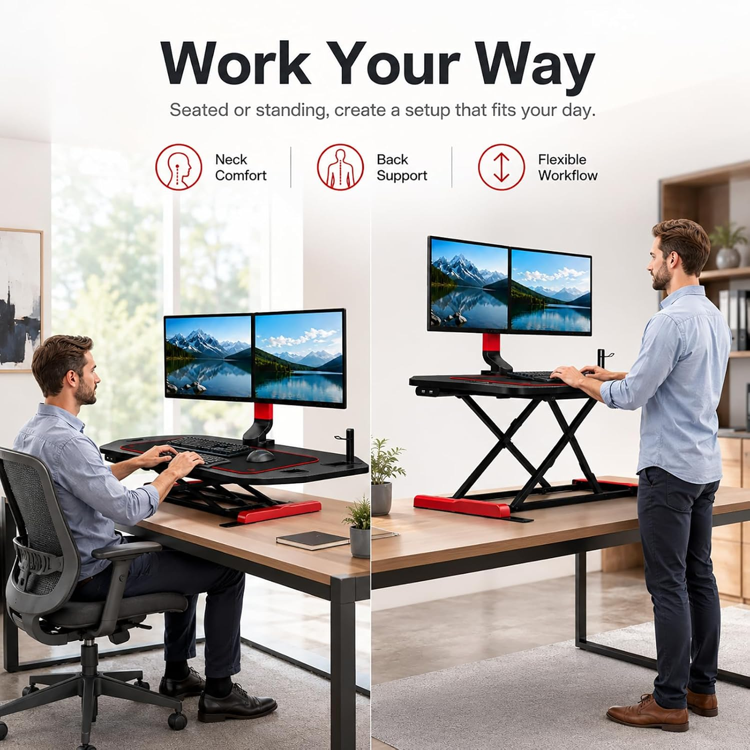 COMHOMA® Standing Desk Converter, Electric Height Adjustable Dual Monitor Stand and Laptop Workstation 36" Wide, USB 3.0 Ports, Includes Mouse Pad for Home Office DX-QC049