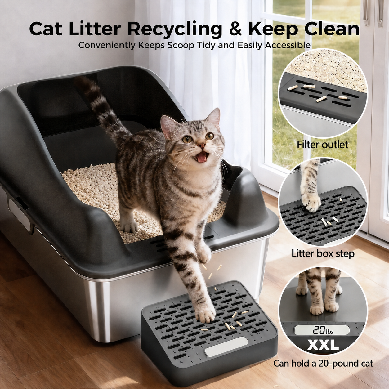 COMHOMA® XL Stainless Steel Cat Litter Box for Small/Big/Multi Cats CHPET-LB