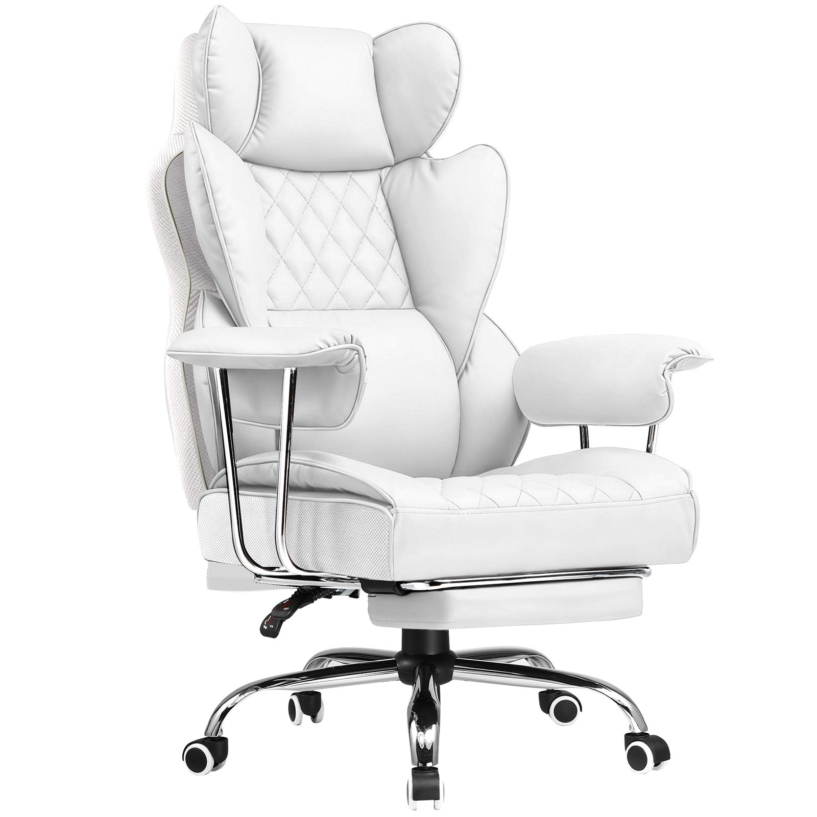 White office chair with quilted design on a white background