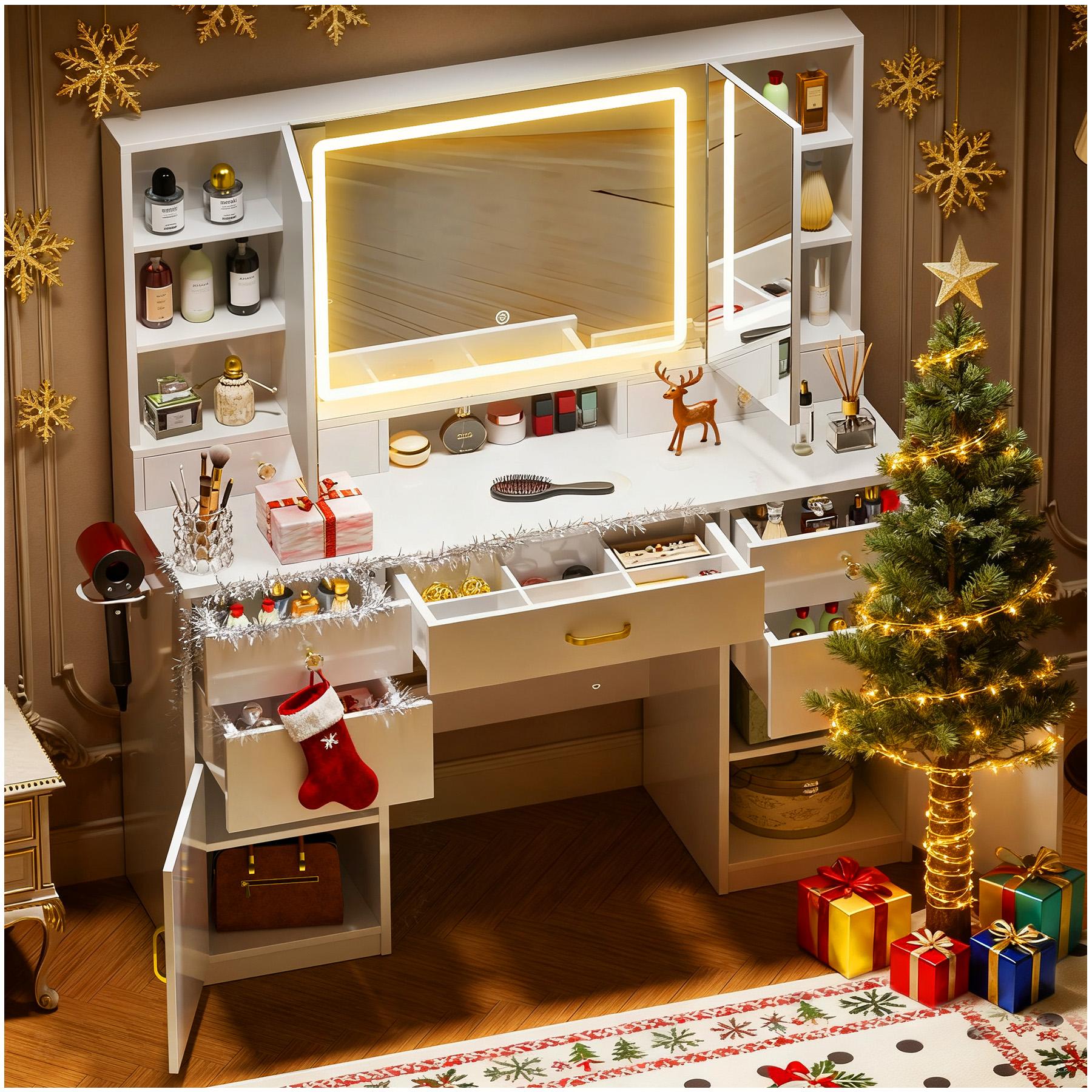 COMHOMA Vanity Desk with 3 Lighting & 7 Drawer, White B2002