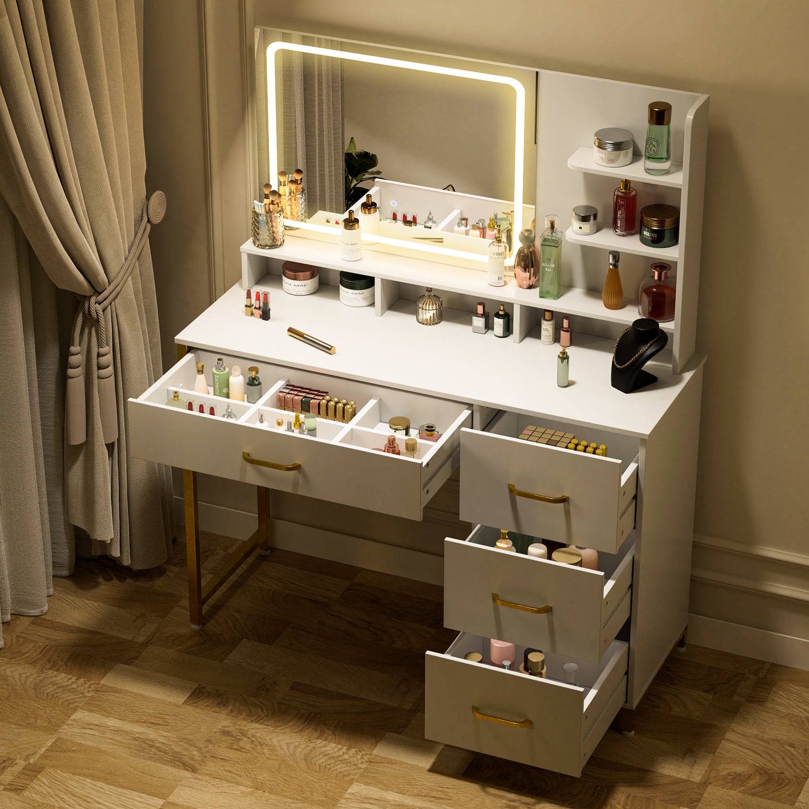 COMHOMA Vanity Desk with Mirror and Lights, 4 Drawers & Storage Shelves B1006-CH