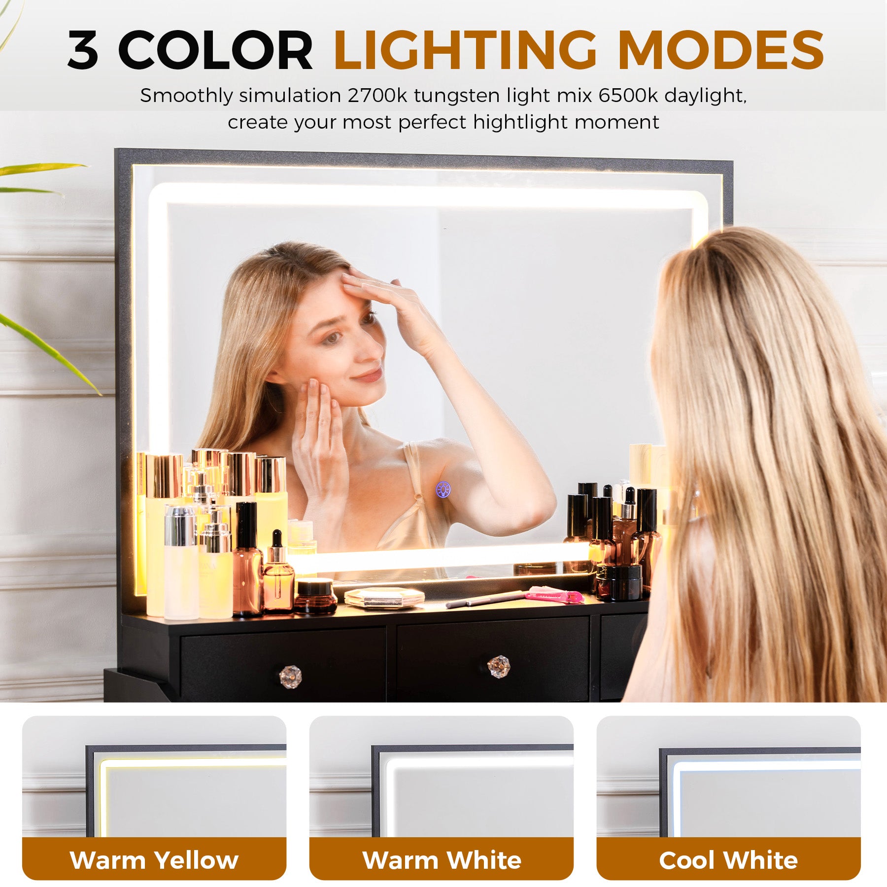 COMHOMA Makeup Vanity Table and Chair Set with 5 Drawers and Charging Station, Mirror and Lights Included B200