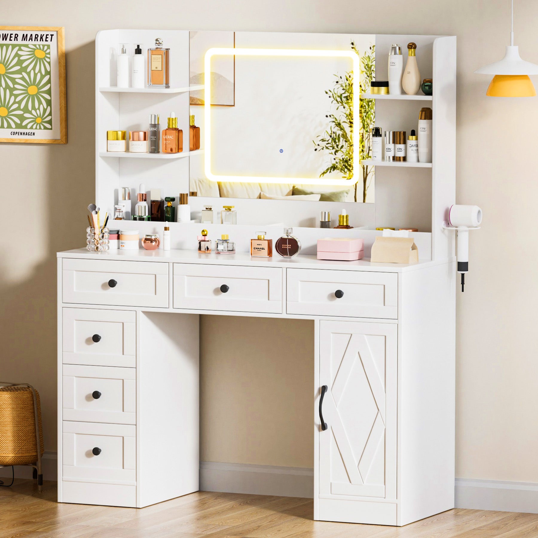 COMHOMA Makeup Vanity Desk with Mirror and Lights, 6 Drawers & 1 Storage Cabinet B1005