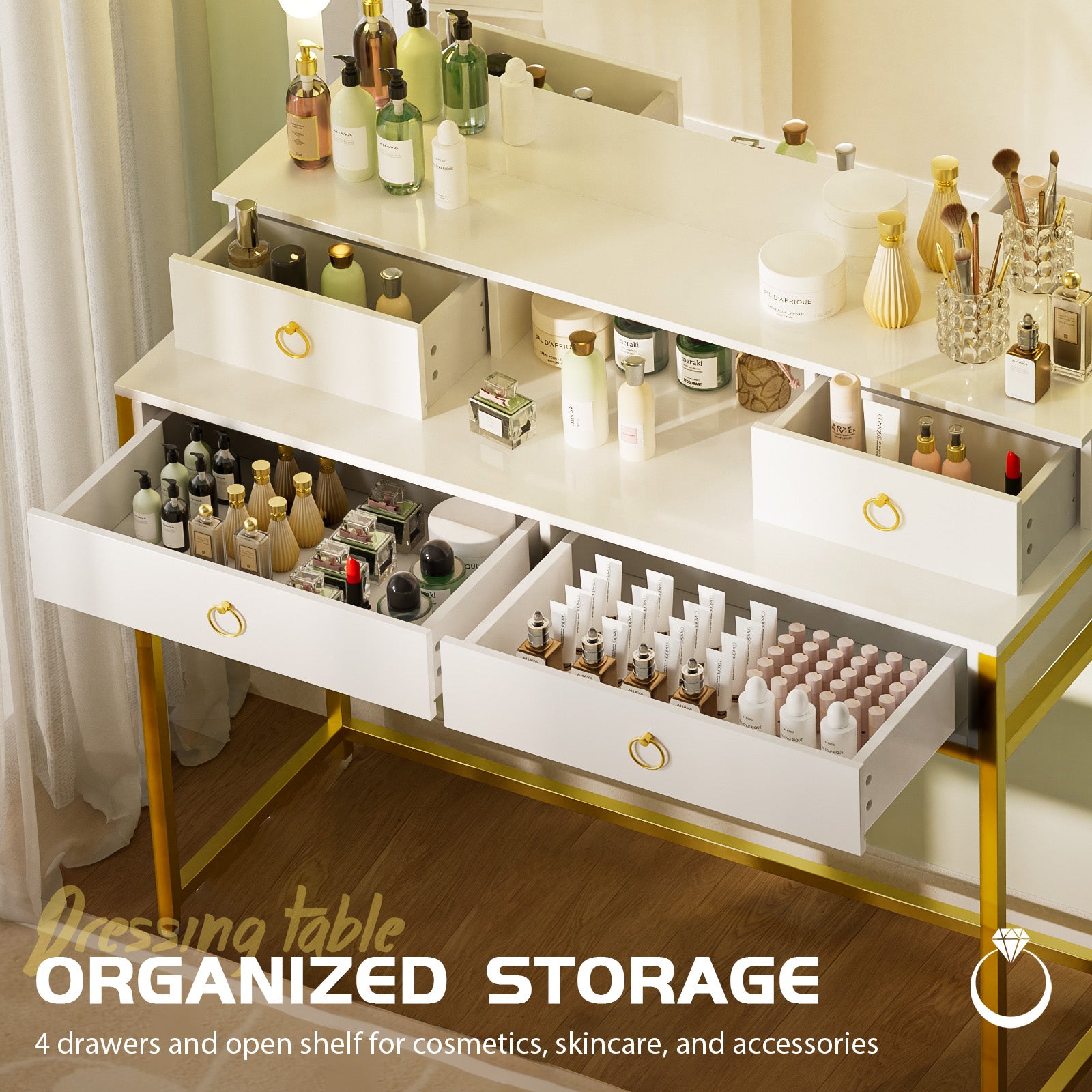 COMHOMA Makeup Vanity Desk with 4 Drawers and Charging Station, 3 Color Modes B1007