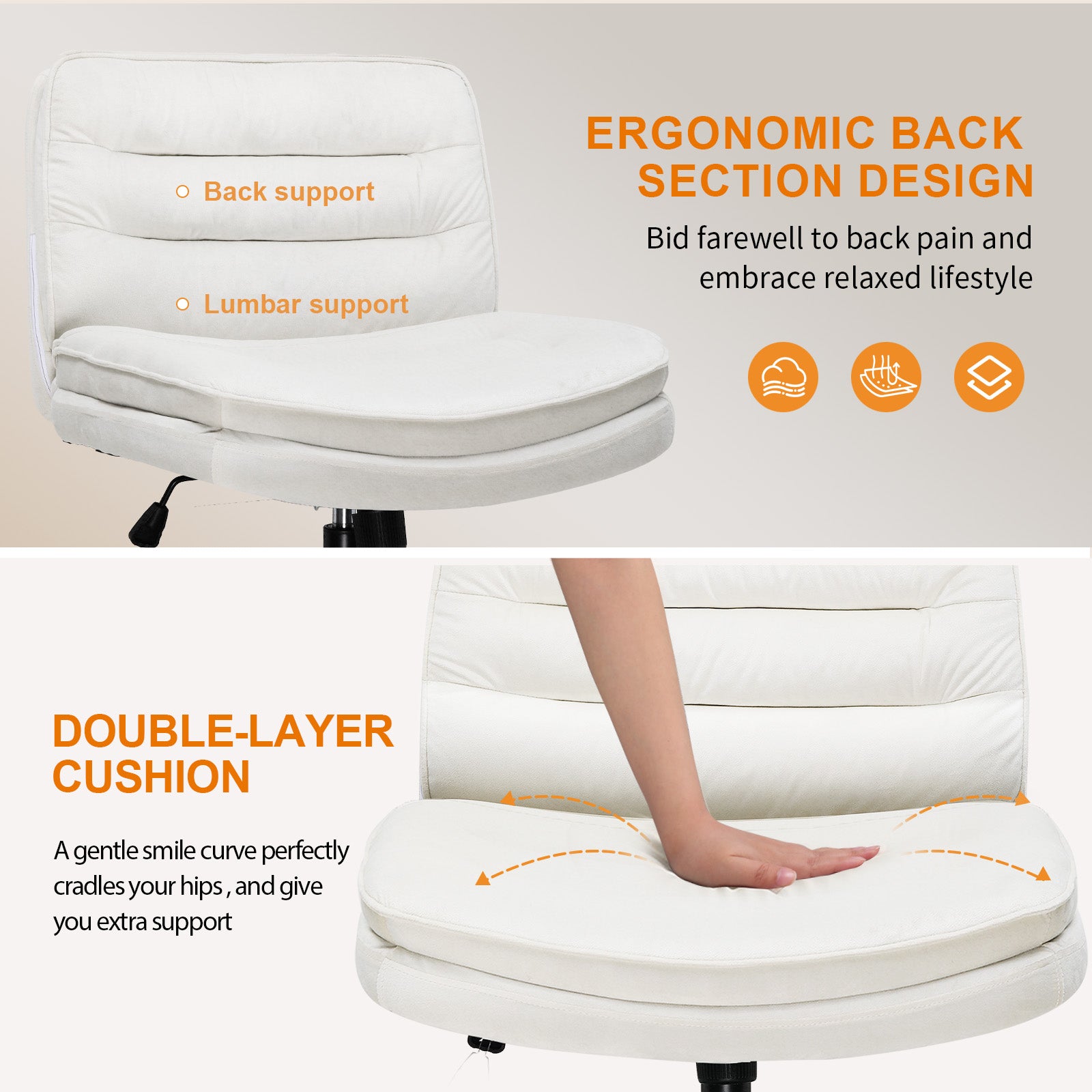 COMHOMA Armless Office Desk Chair with Wheels, PU Leather Padded Cross Legged Office Chair,WMT-CH310