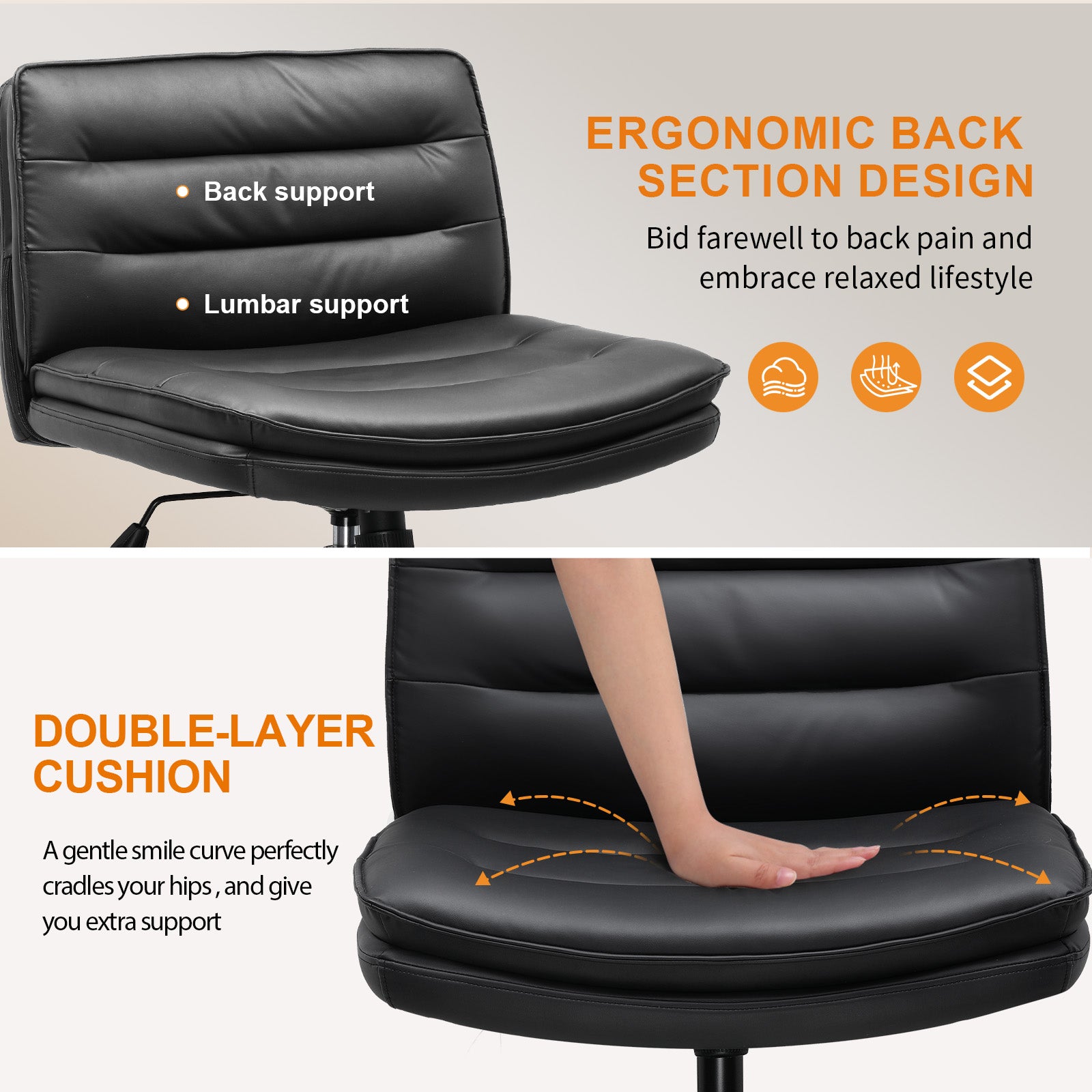 COMHOMA Armless Office Desk Chair with Wheels, PU Leather Padded Cross Legged Office Chair,WMT-CH310