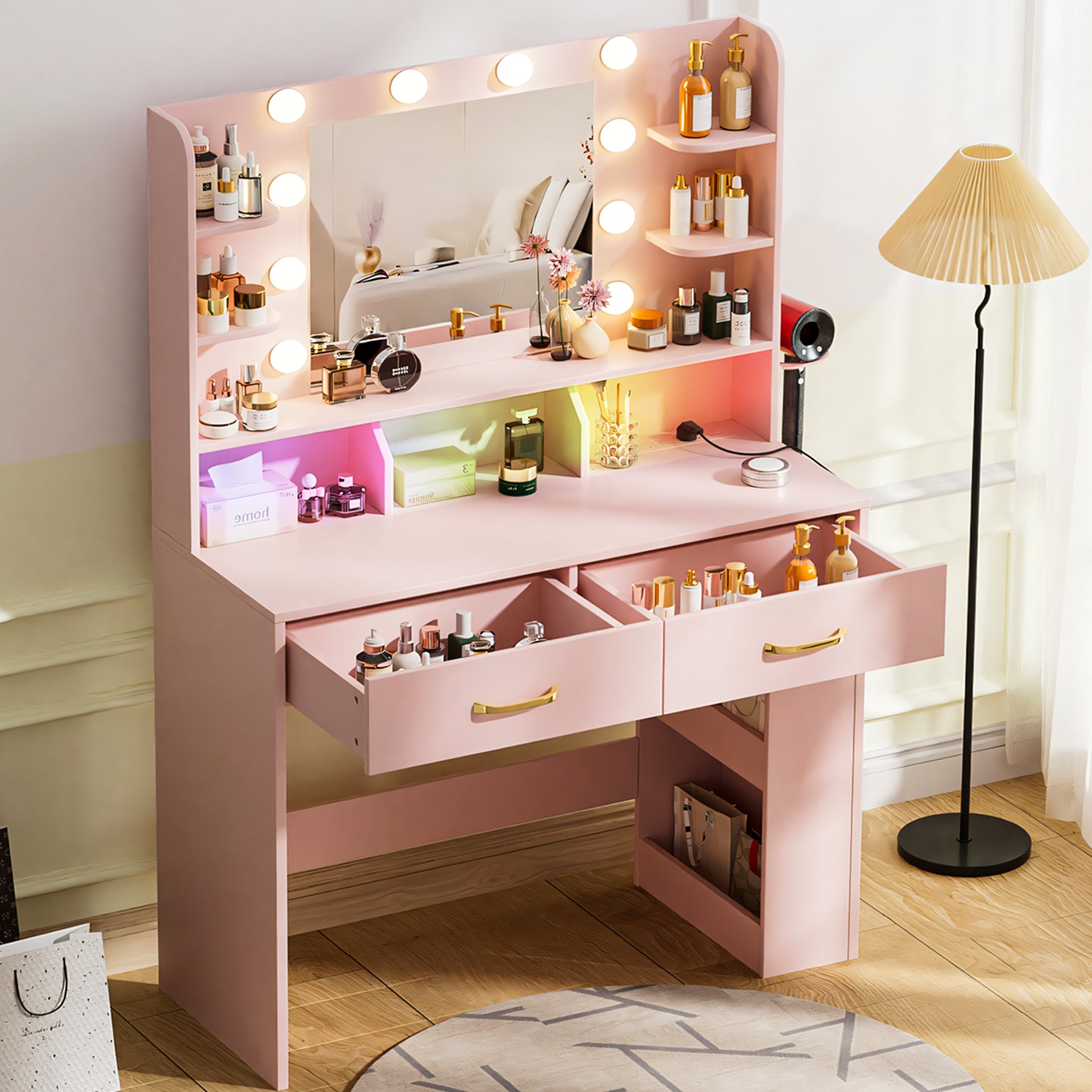 COMHOMA Vanity Desk with Large Storage, Lighted Mirror and Power Outlet B1004