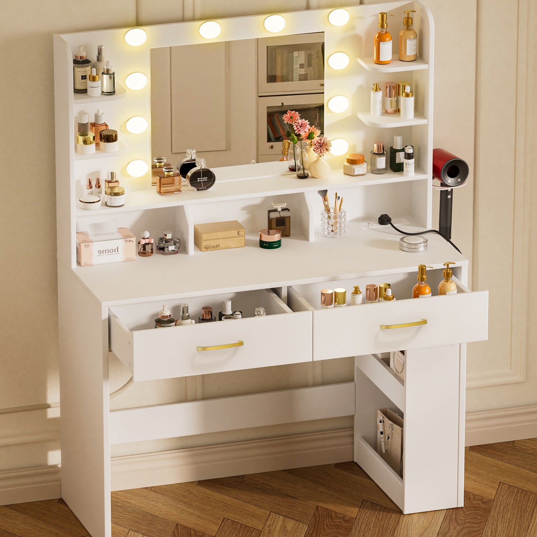 COMHOMA Vanity Desk with Large Storage, Lighted Mirror and Power Outlet B1004