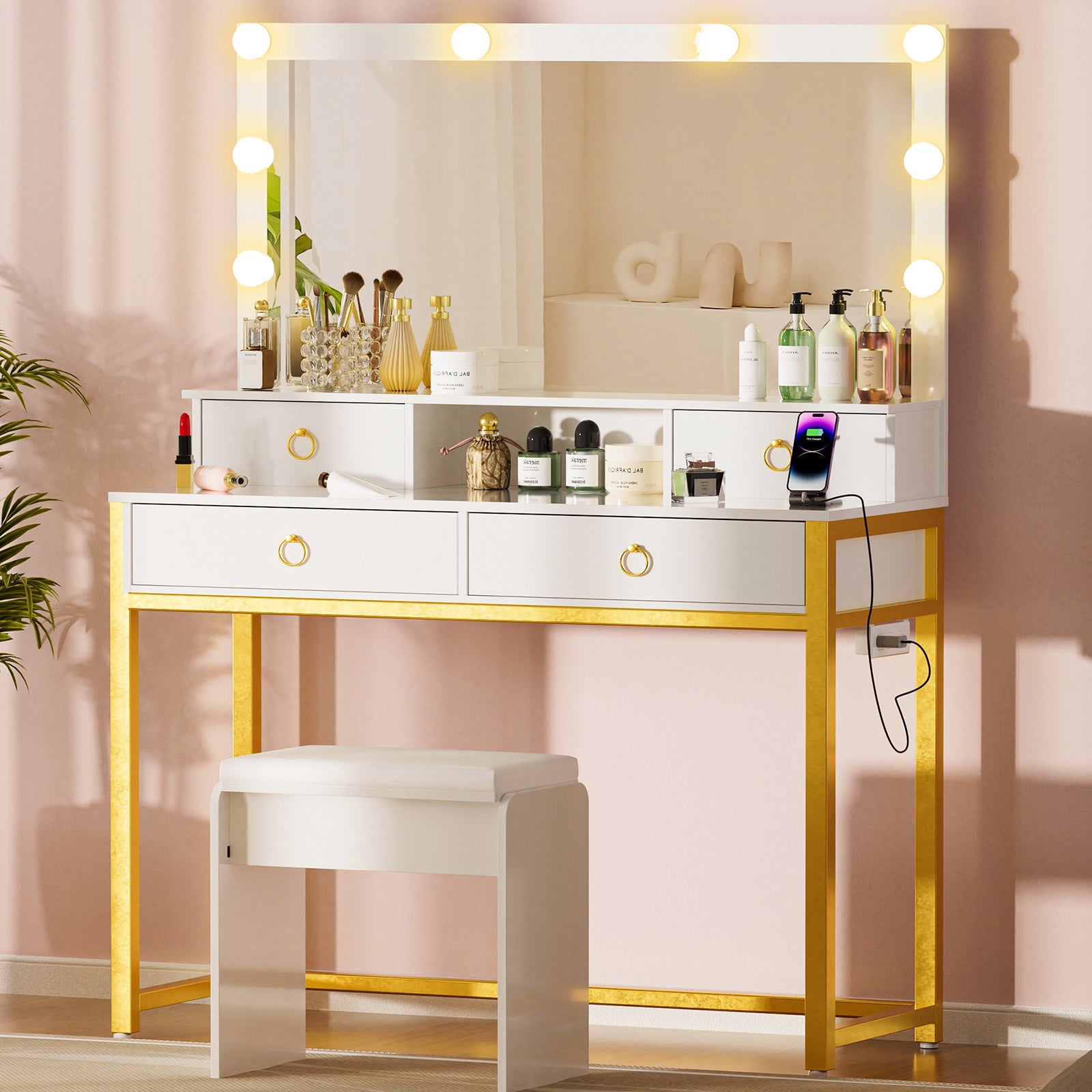 COMHOMA Makeup Vanity Desk with 4 Drawers and Charging Station, 3 Color Modes B1007