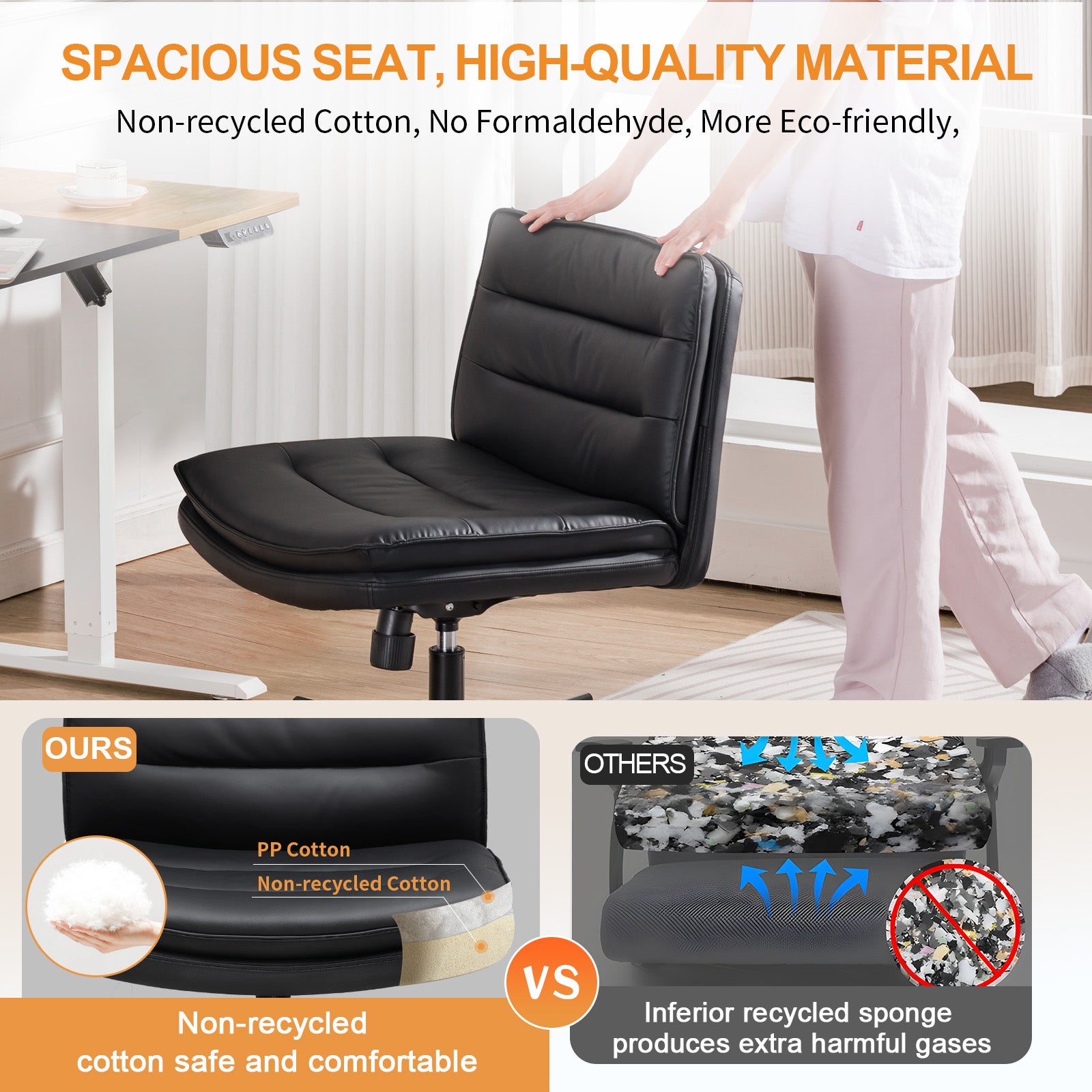 COMHOMA Armless Office Desk Chair with Wheels, PU Leather Padded Cross Legged Office Chair,WMT-CH310