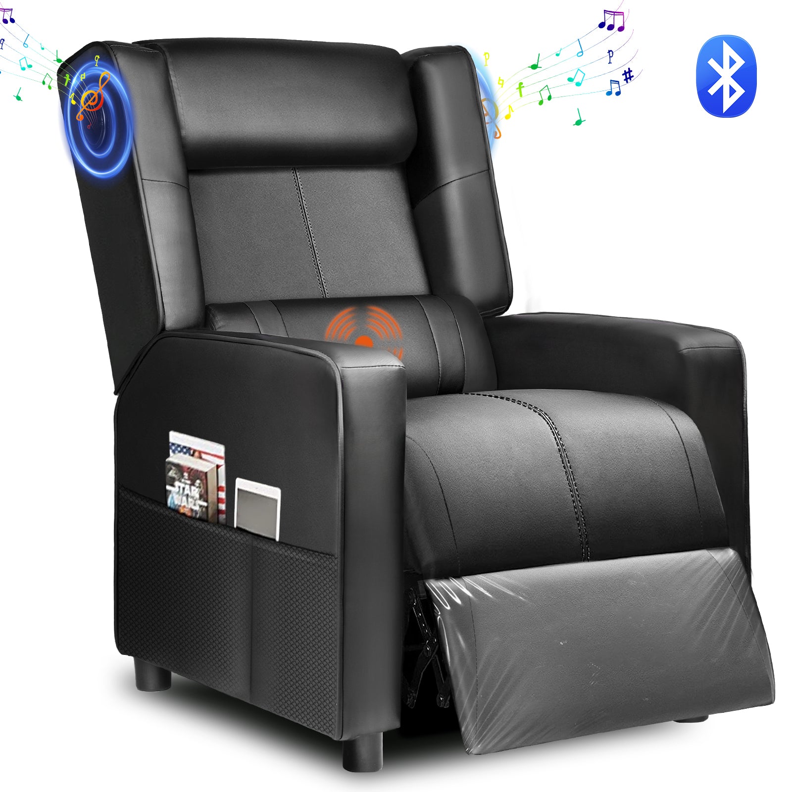 Black ergonomic recliner chair with built-in massage function, Bluetooth speakers, side pocket for books and tablet, suitable for office and gaming use.