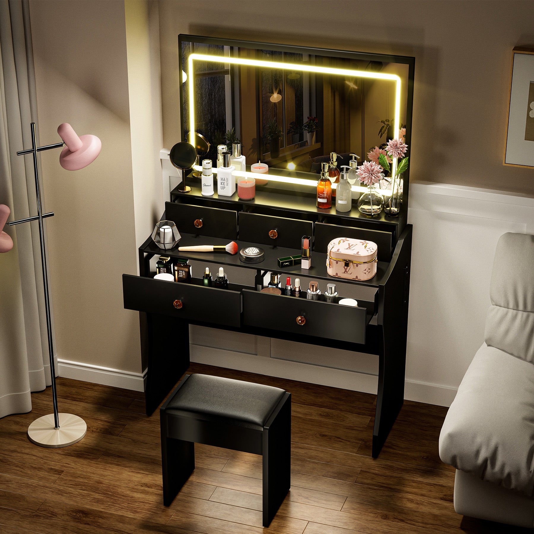 COMHOMA Makeup Vanity Table and Chair Set with 5 Drawers and Charging Station, Mirror and Lights Included B200