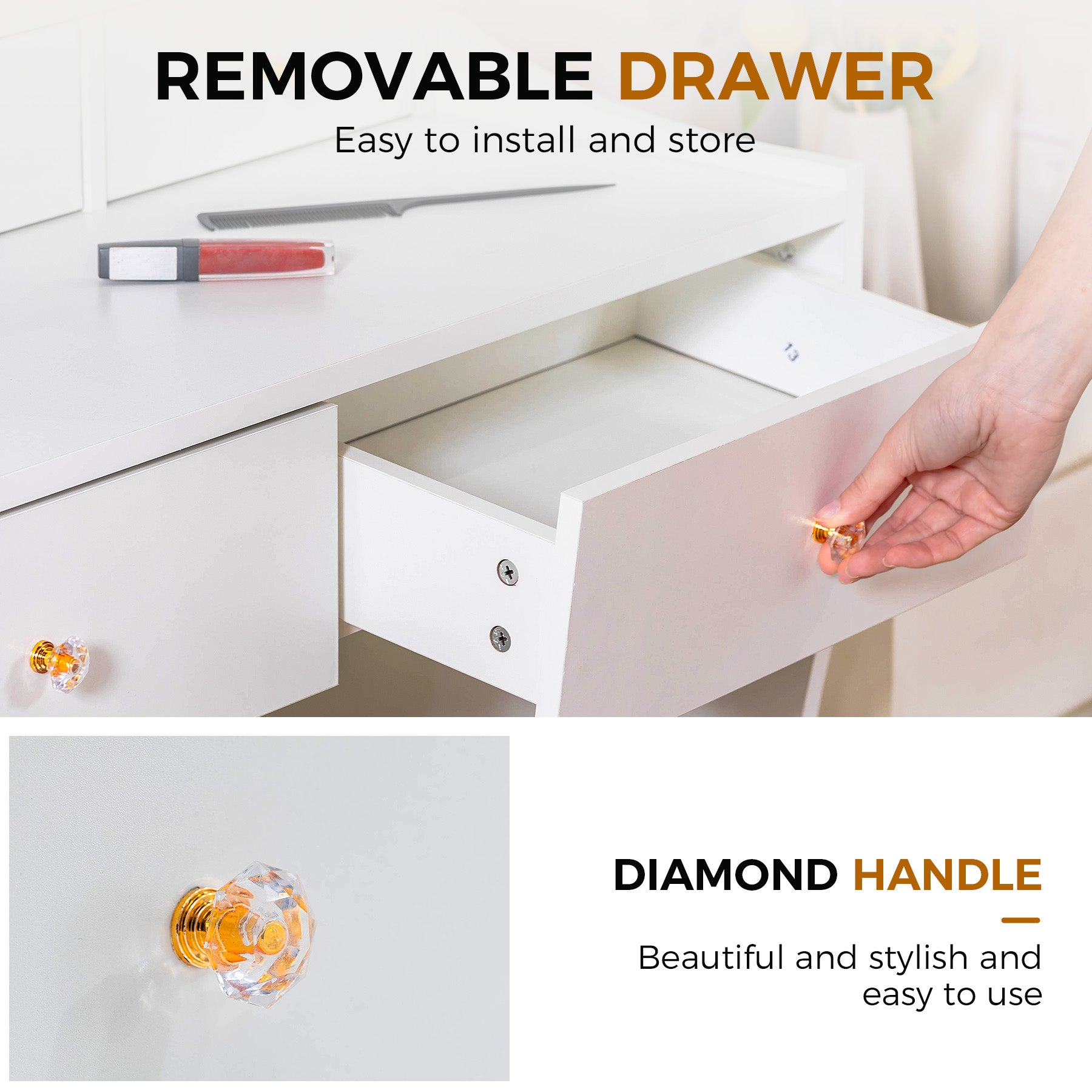 COMHOMA Makeup Vanity Table and Chair Set with 5 Drawers and Charging Station, Mirror and Lights Included B200