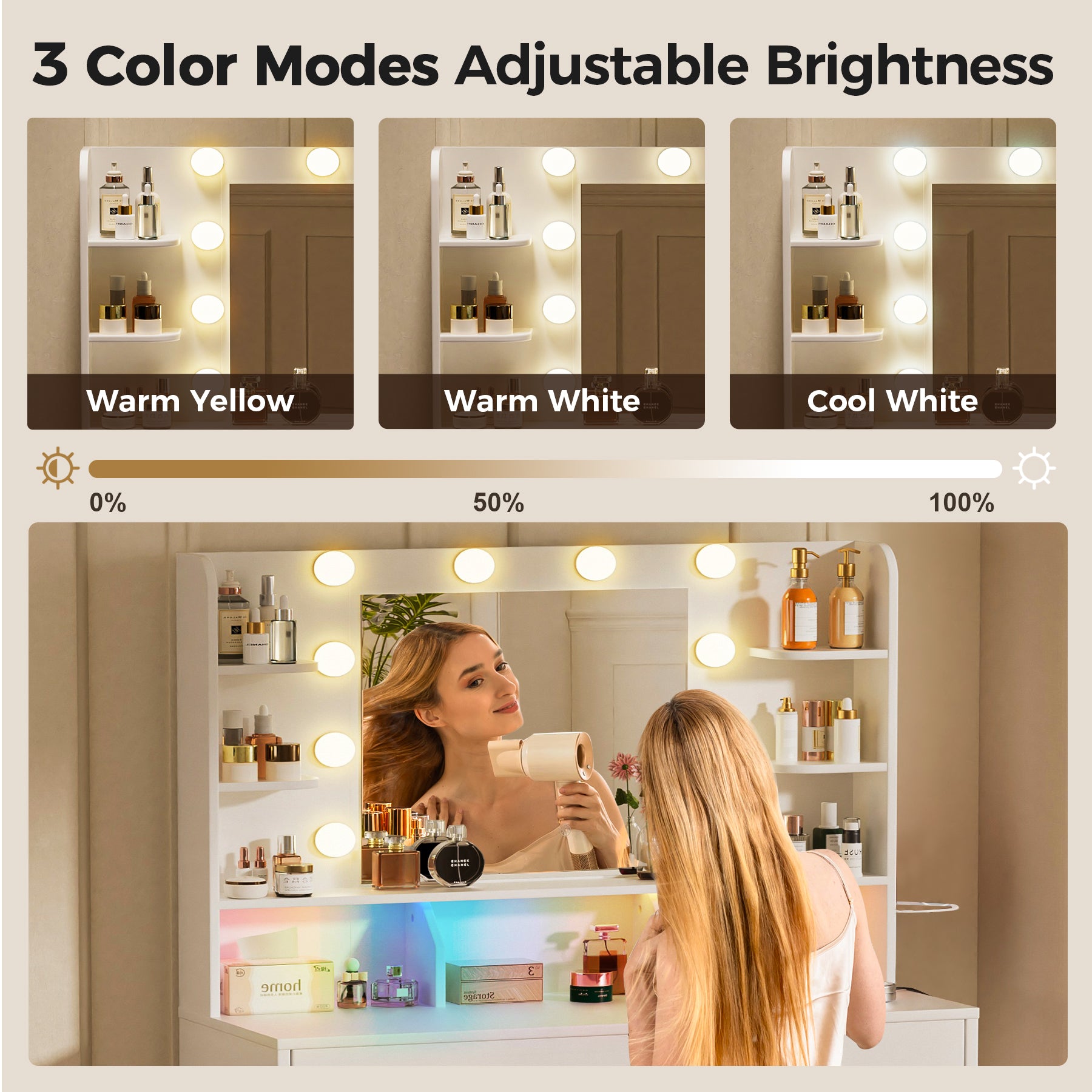 COMHOMA Vanity Desk with Large Storage, Lighted Mirror and Power Outlet B1004