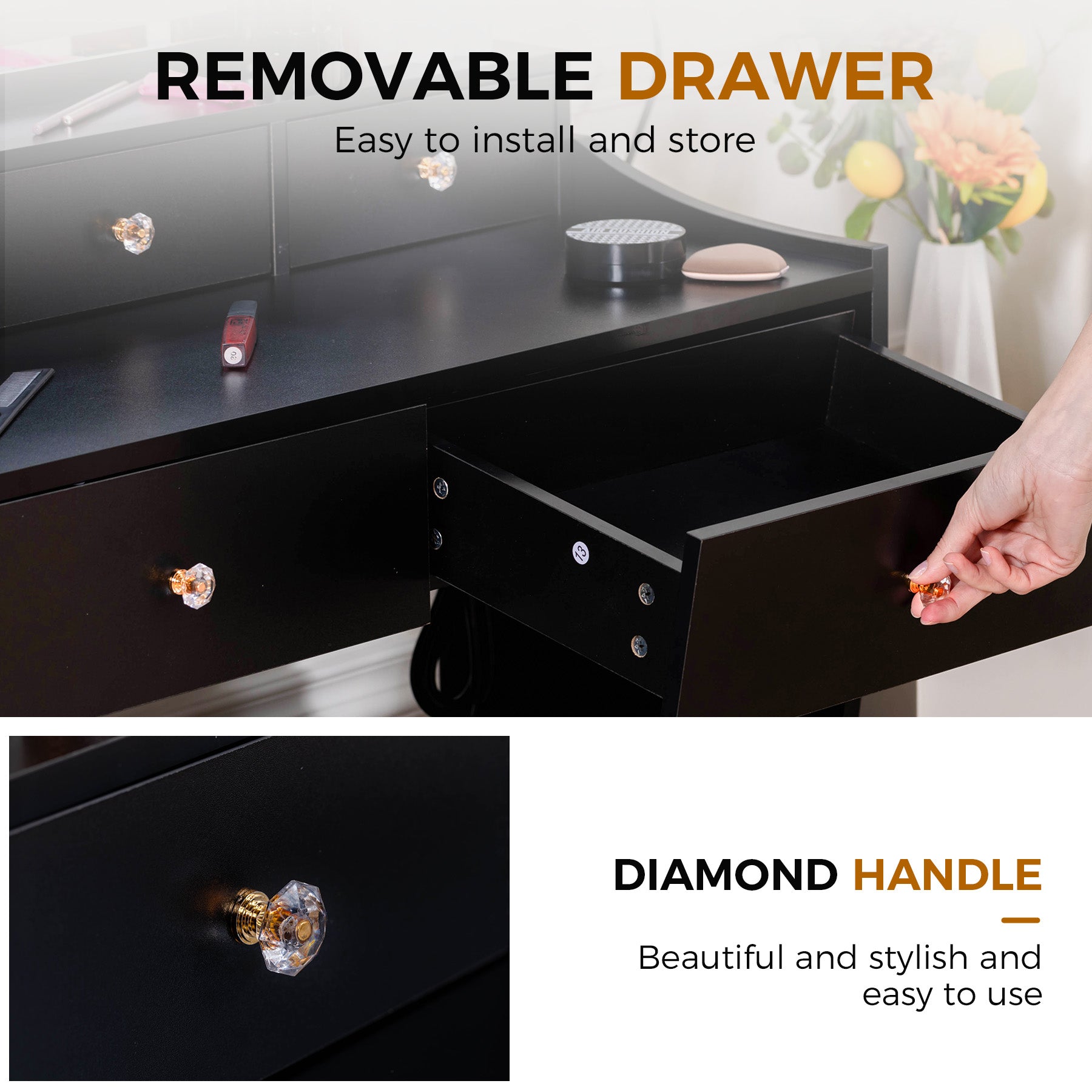 COMHOMA Makeup Vanity Table and Chair Set with 5 Drawers and Charging Station, Mirror and Lights Included B200