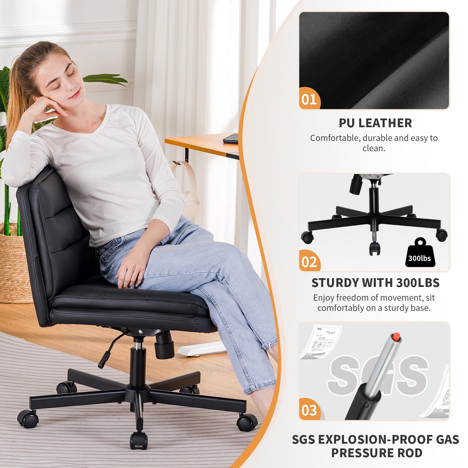 COMHOMA Armless Office Desk Chair with Wheels, PU Leather Padded Cross Legged Office Chair,WMT-CH310