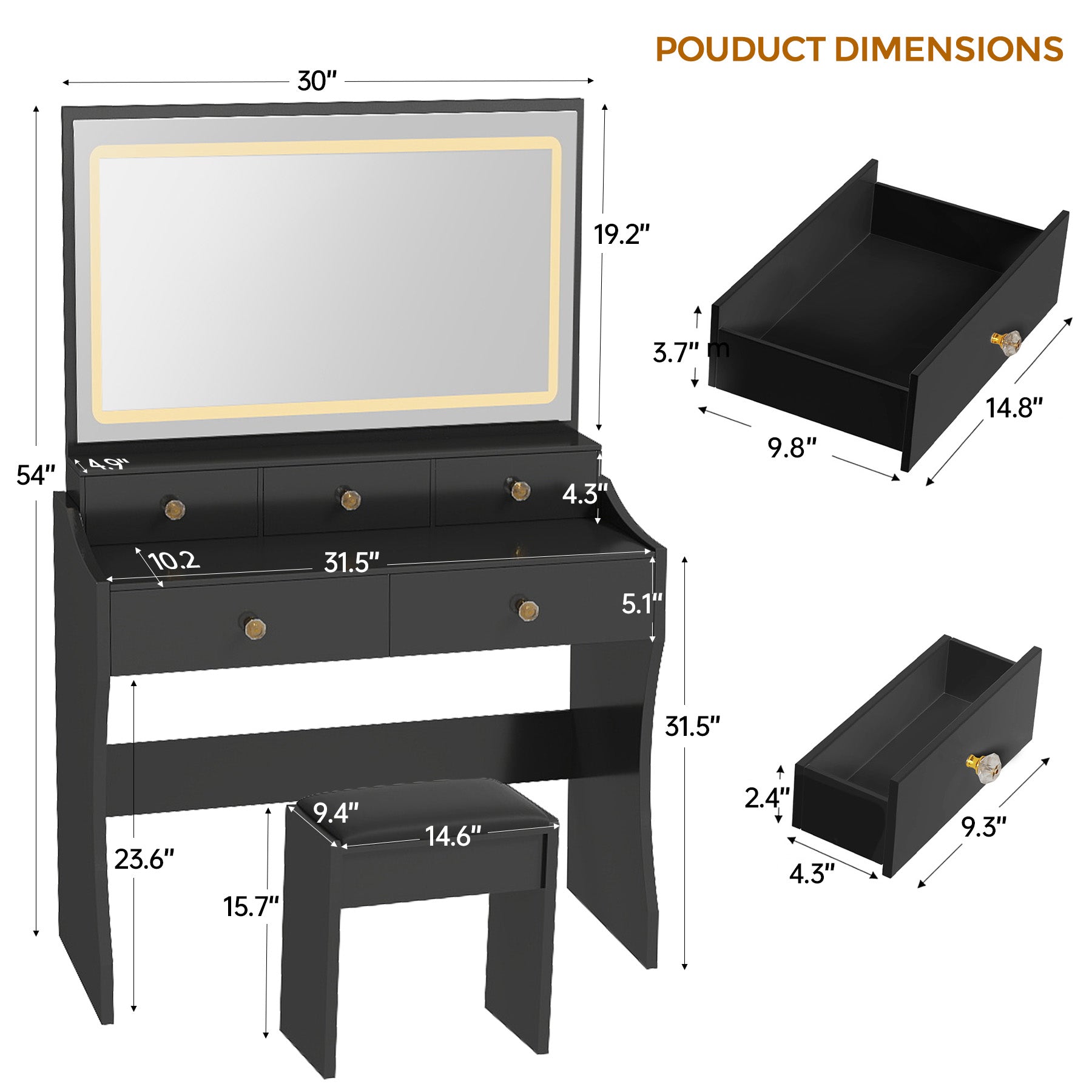 COMHOMA Makeup Vanity Table and Chair Set with 5 Drawers and Charging Station, Mirror and Lights Included B200