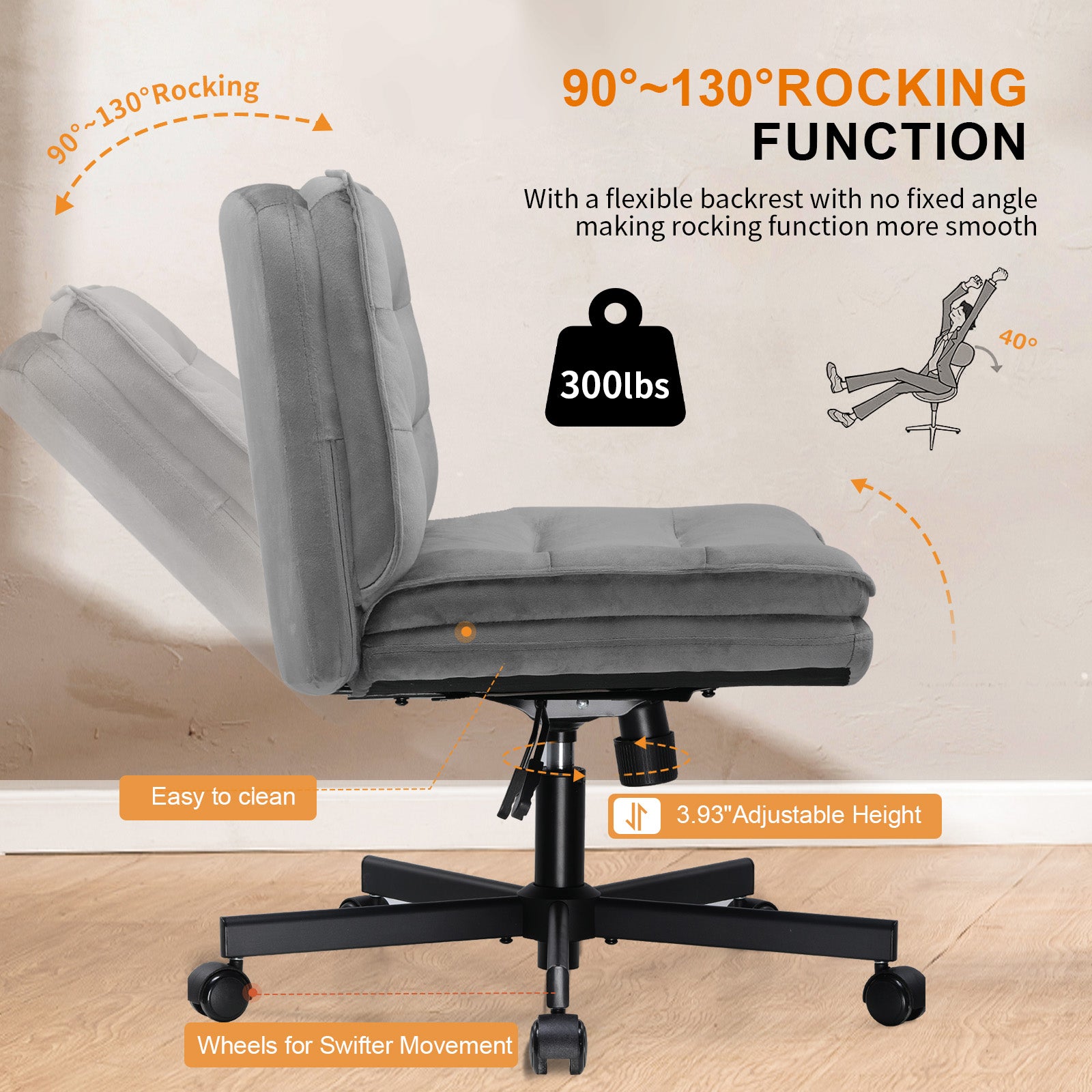 COMHOMA Armless Office Desk Chair with Wheels, PU Leather Padded Cross Legged Office Chair,WMT-CH310