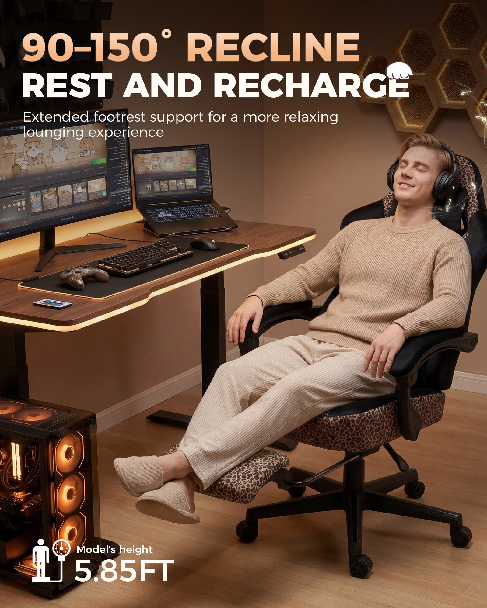 GTPLAYER Gaming Chair with Leopard Print Cat, Cute Velvet Fabric Ergonomic Office Chair with Footrest Headrest and Lumbar Support GTP710