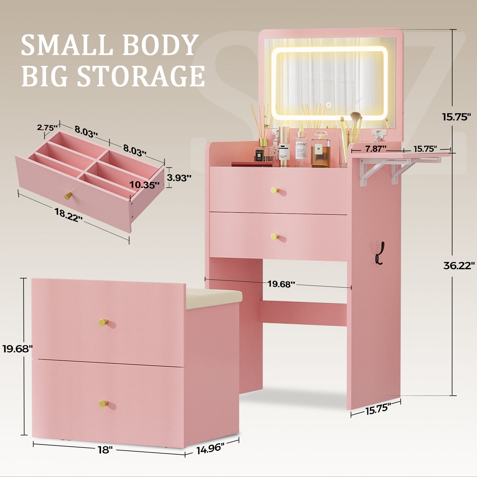 COMHOMA Small 3 in 1 Makeup Vanity Desk with Mirror and Lights B400