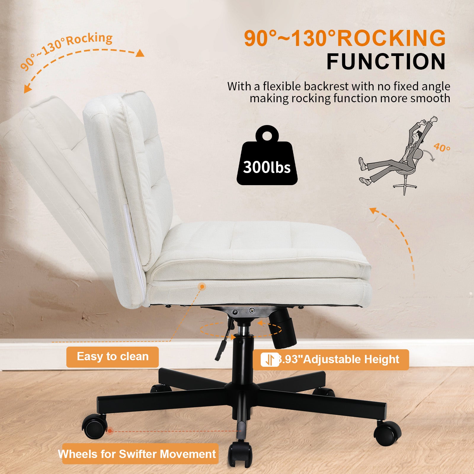 COMHOMA Armless Office Desk Chair with Wheels, PU Leather Padded Cross Legged Office Chair,WMT-CH310