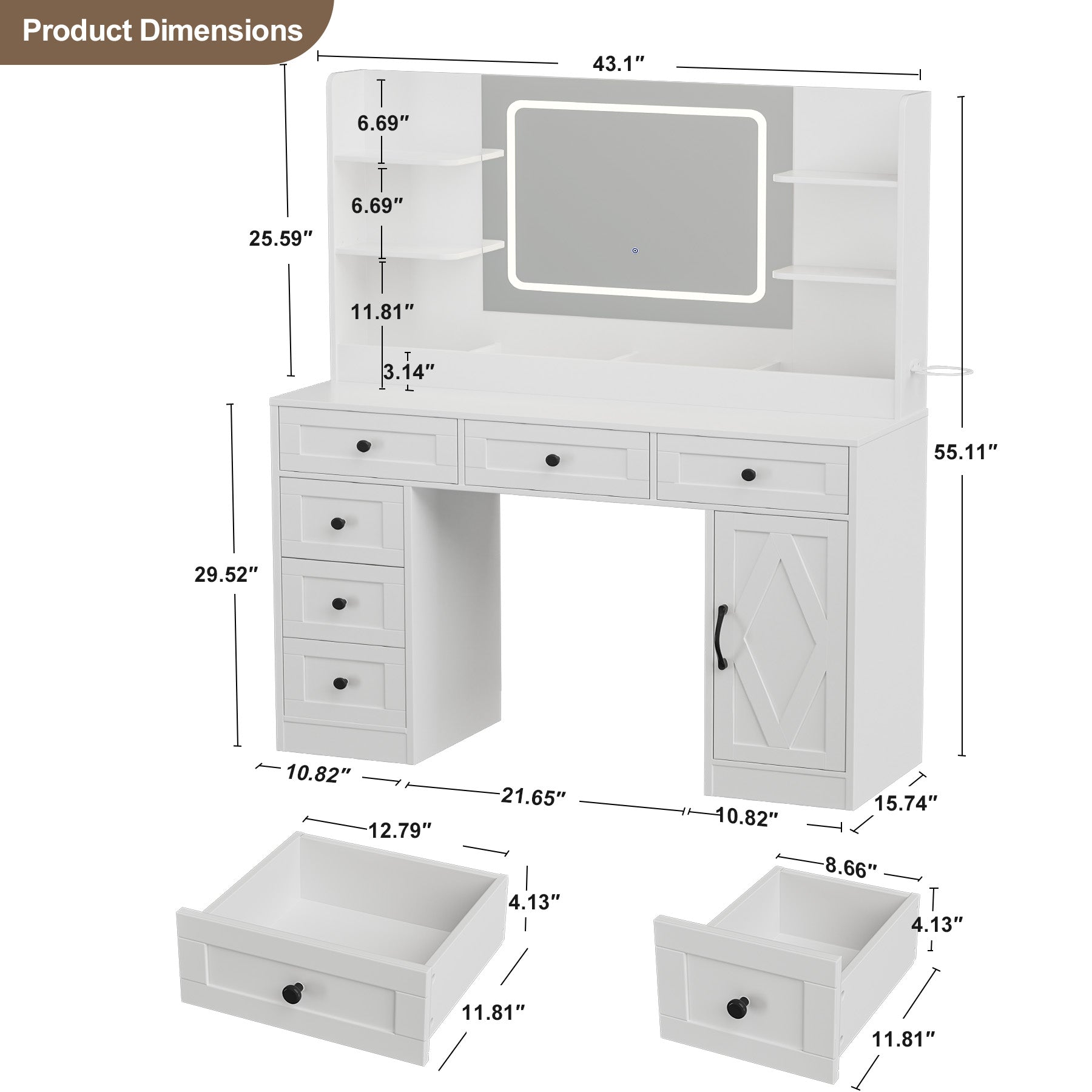 COMHOMA Makeup Vanity Desk with Mirror and Lights, 6 Drawers & 1 Storage Cabinet B1005