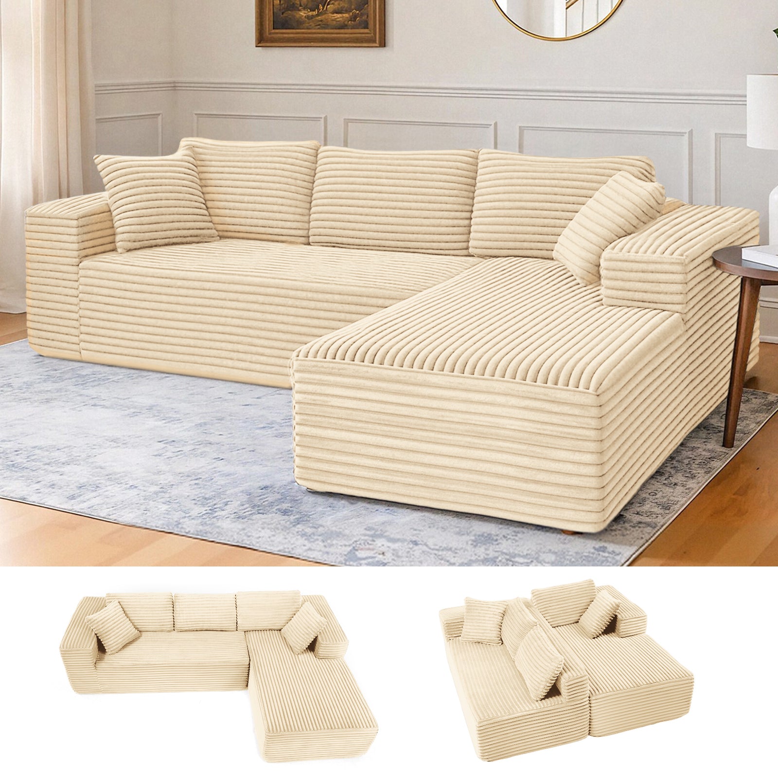 COMHOMA Modular Sectional Couch with L/R-Shape Chaise, Corduroy Upholstery & No Assembly Required B10
