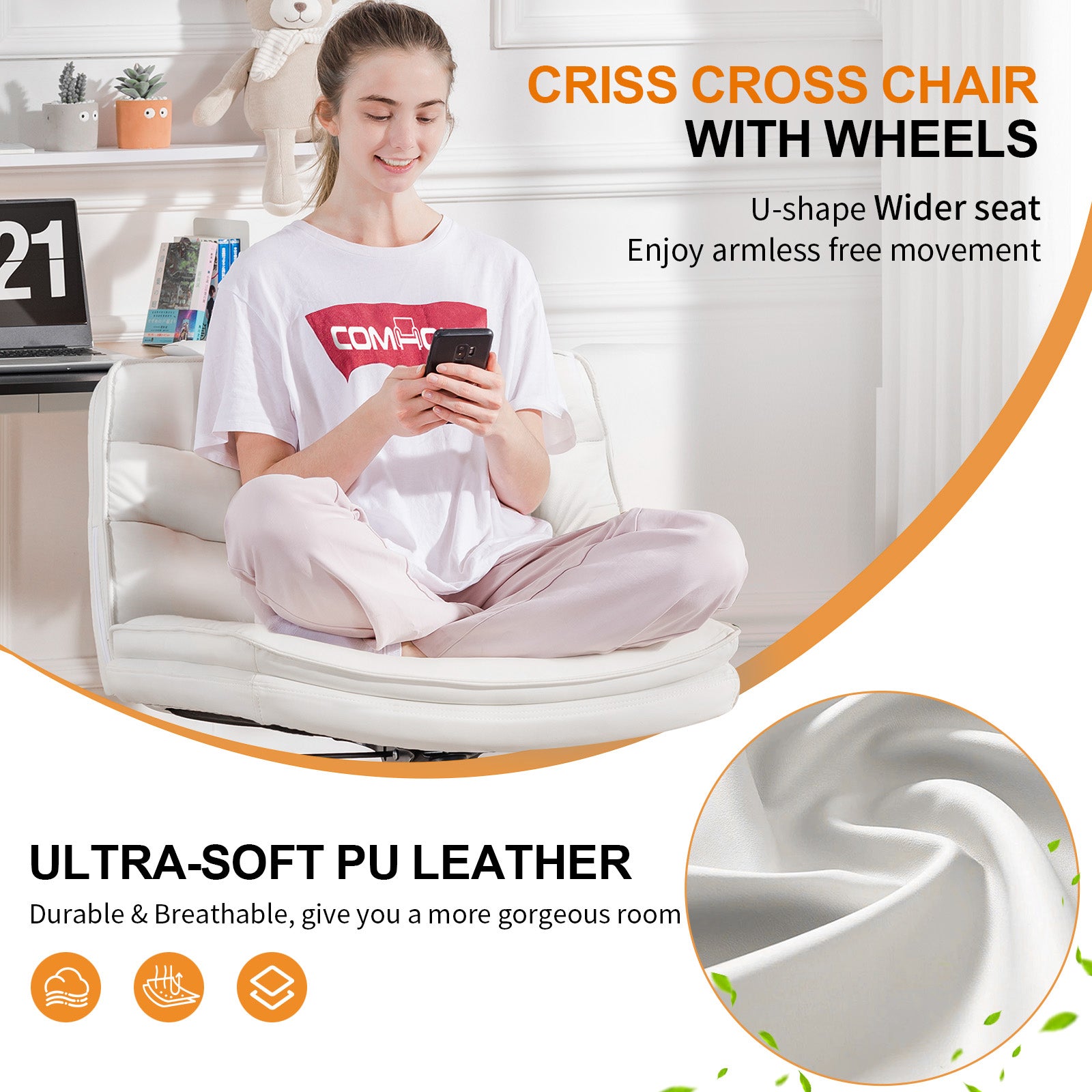 COMHOMA Armless Office Desk Chair with Wheels, PU Leather Padded Cross Legged Office Chair,WMT-CH310