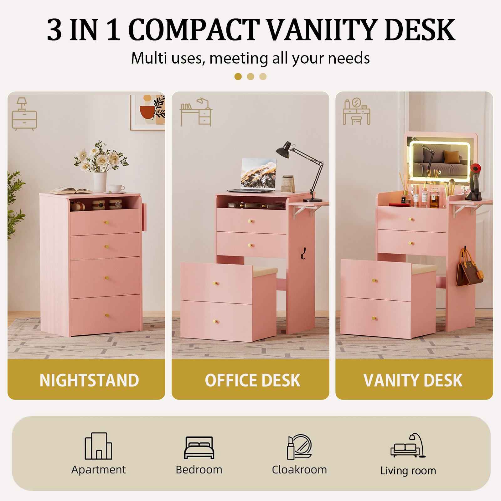 COMHOMA Small 3 in 1 Makeup Vanity Desk with Mirror and Lights B400