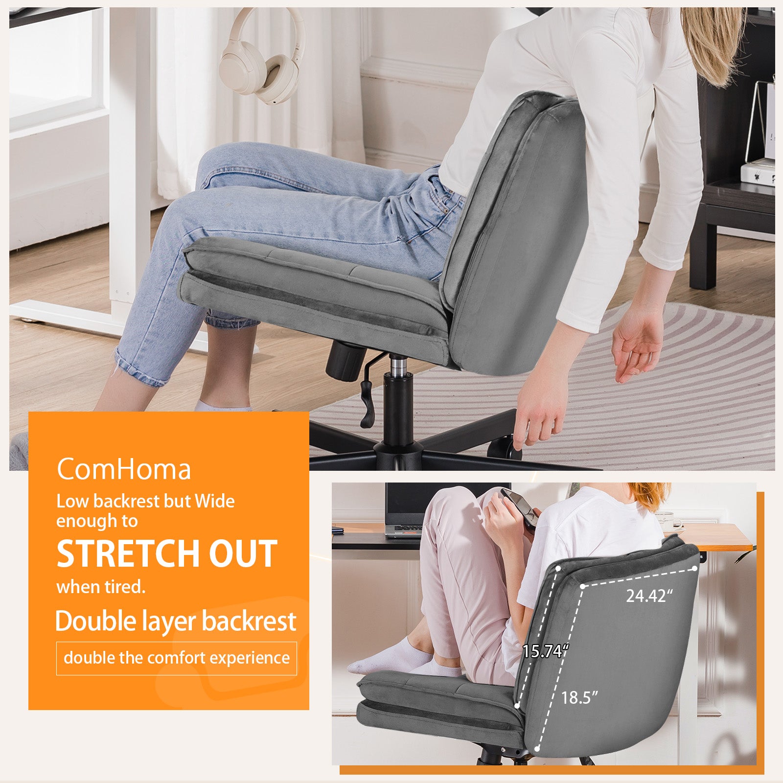 COMHOMA Armless Office Desk Chair with Wheels, PU Leather Padded Cross Legged Office Chair,WMT-CH310